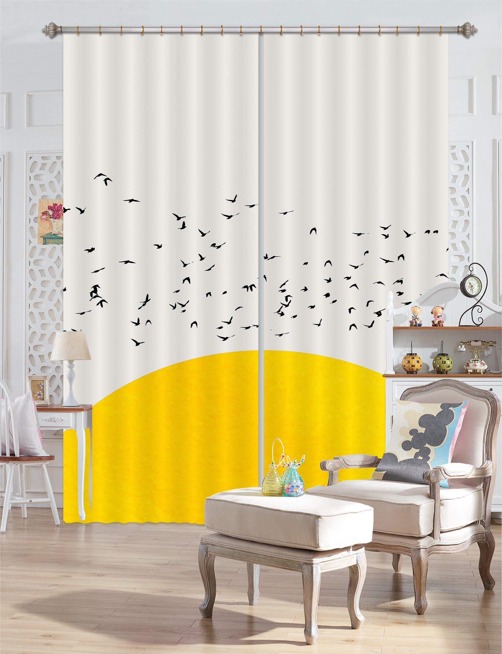 3D Bird Yellow Sun 037 Boris Draschoff Curtain Curtains Drapes Curtains AJ Creativity Home 