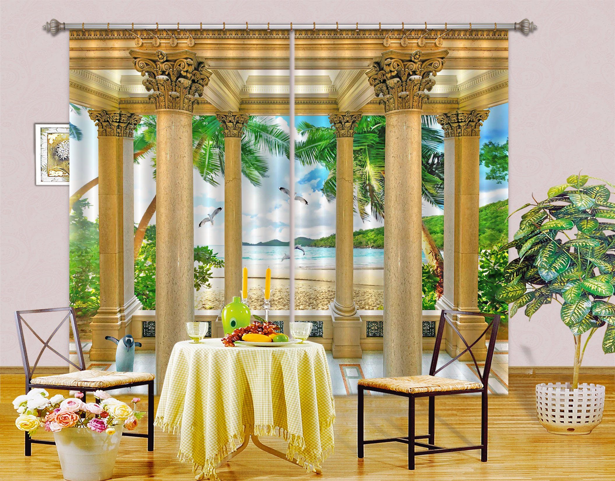 3D Beach Pillar Pavilion 40 Curtains Drapes Wallpaper AJ Wallpaper 