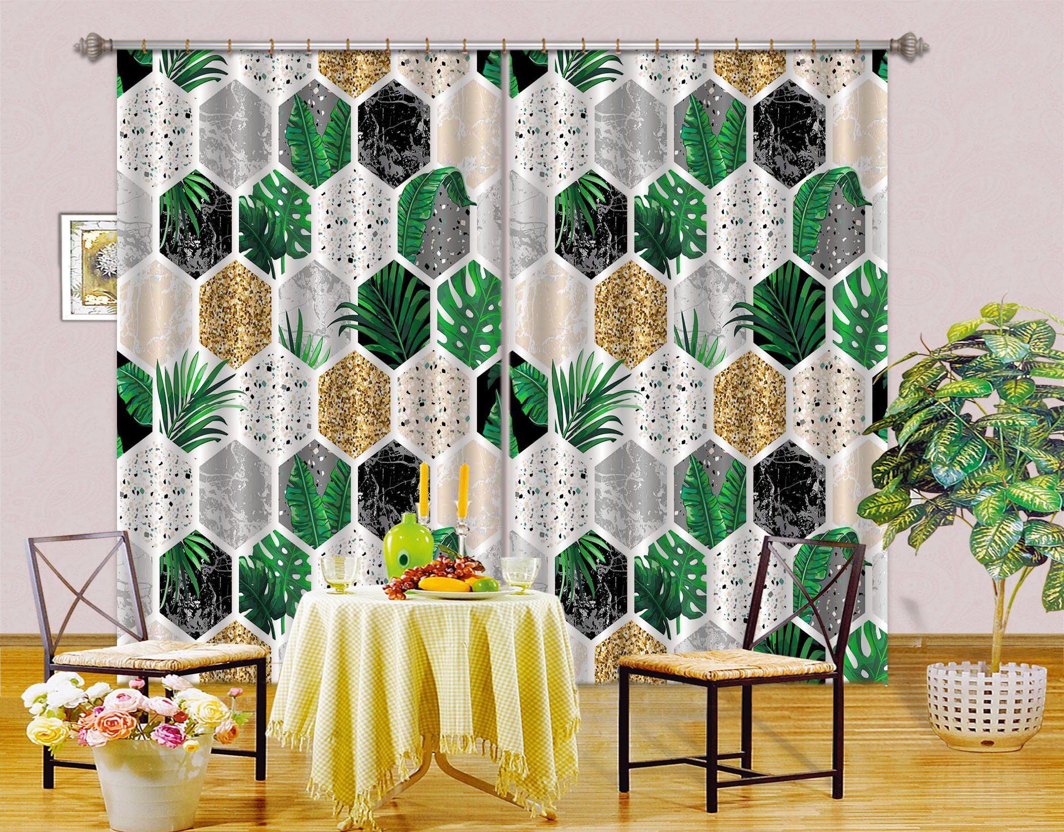 3D Hexagonal Plant Pattern 75 Curtains Drapes Curtains AJ Creativity Home 