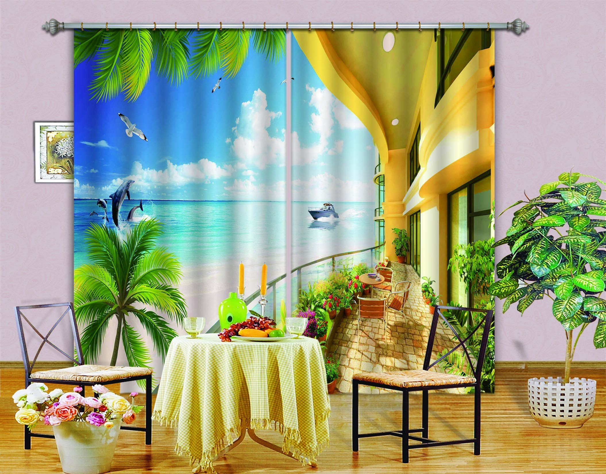 3D Balcony Sea Scenery 734 Curtains Drapes Wallpaper AJ Wallpaper 