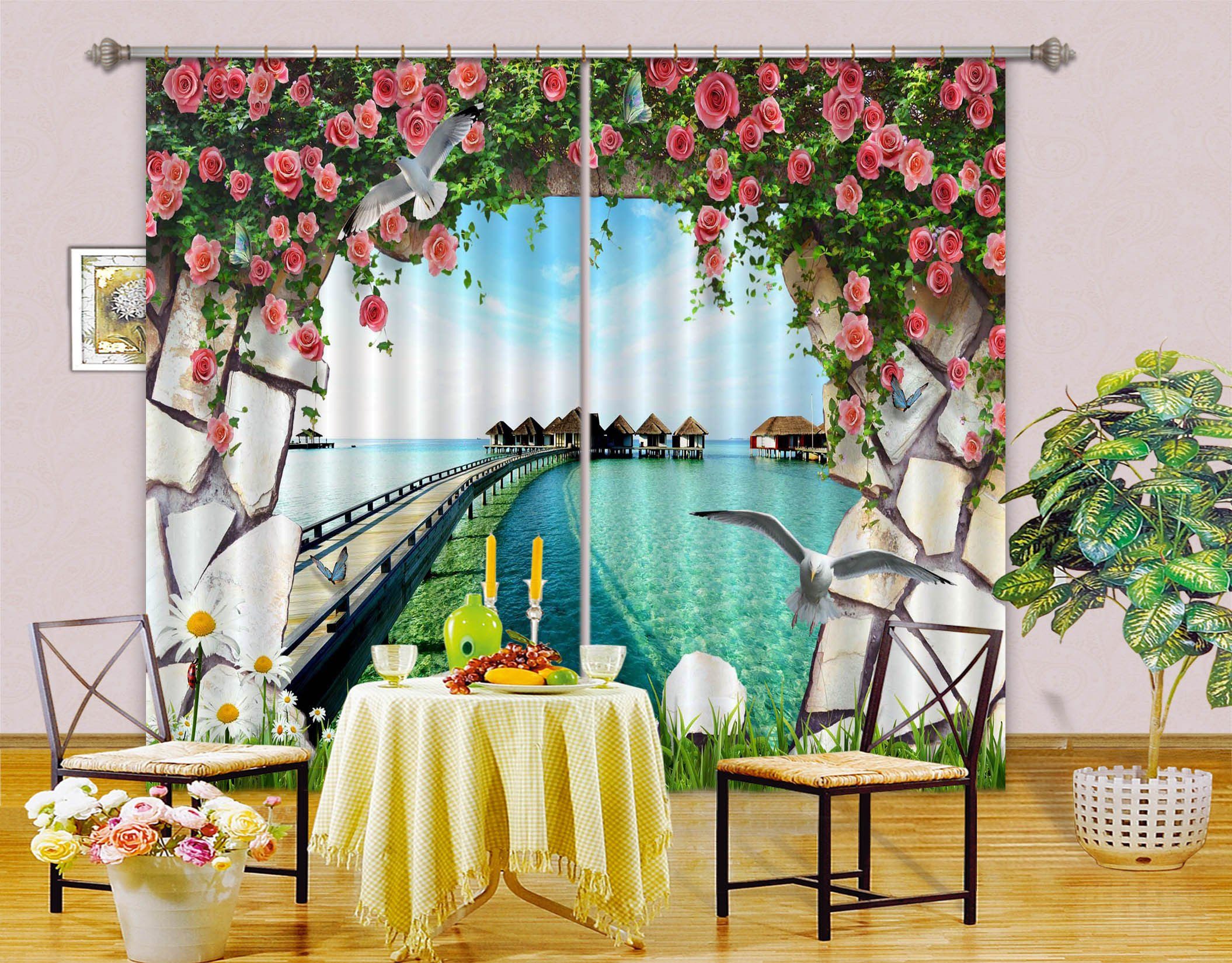 3D Flowers Hole Sea Scenery Curtains Drapes Wallpaper AJ Wallpaper 