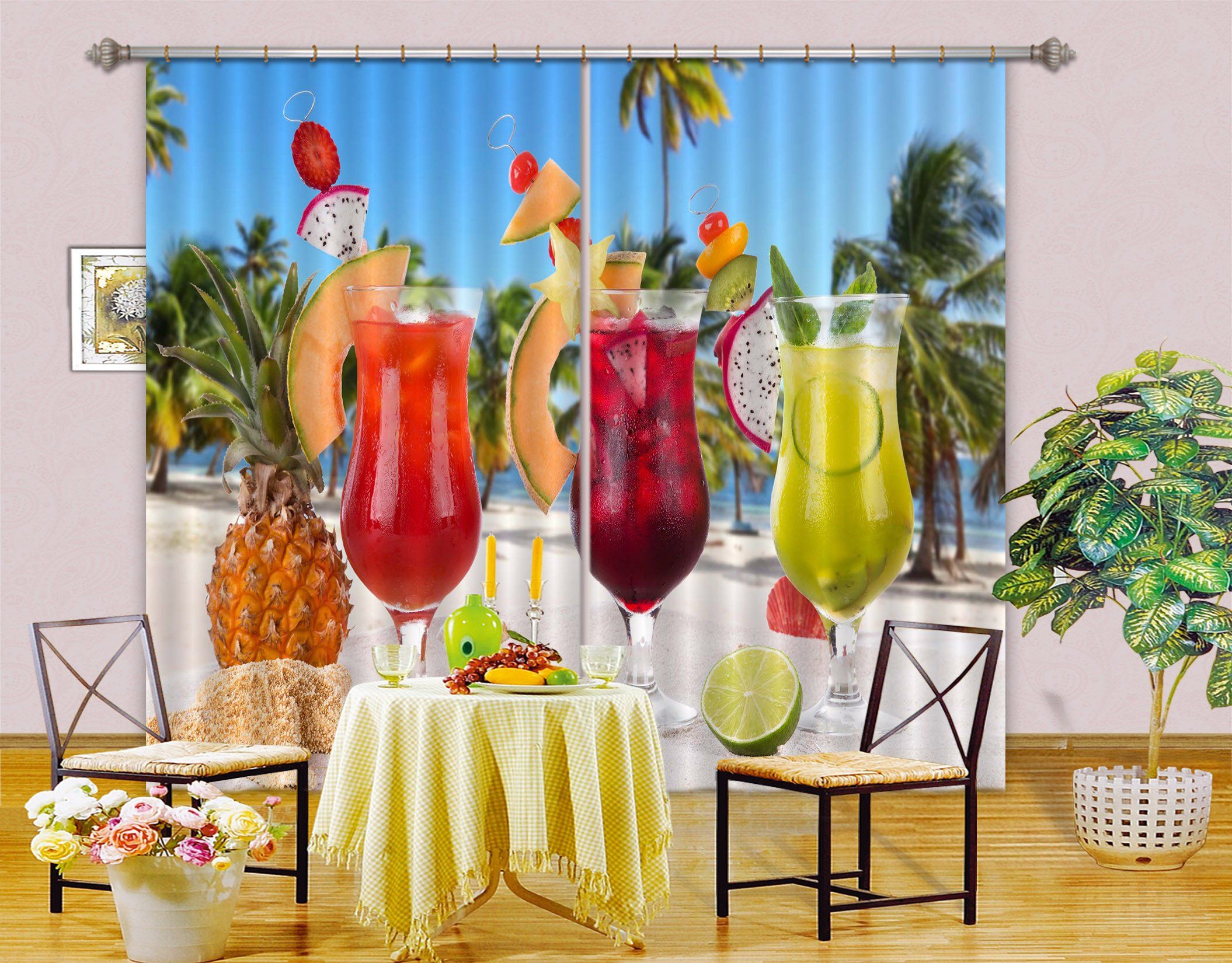 3D Beach Fruit Juice Curtains Drapes Wallpaper AJ Wallpaper 