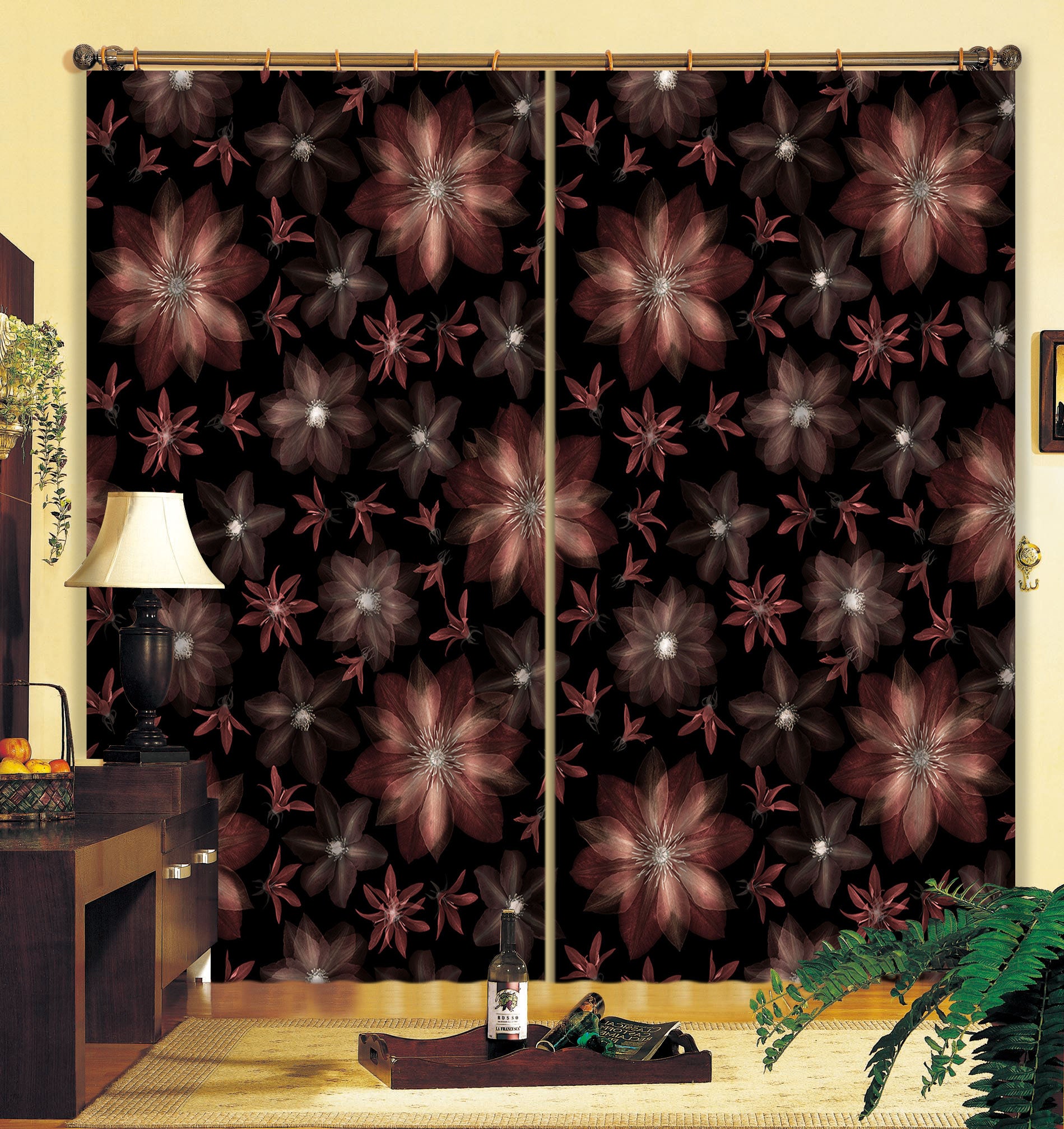 3D RedFlower 100 Assaf Frank Curtain Curtains Drapes