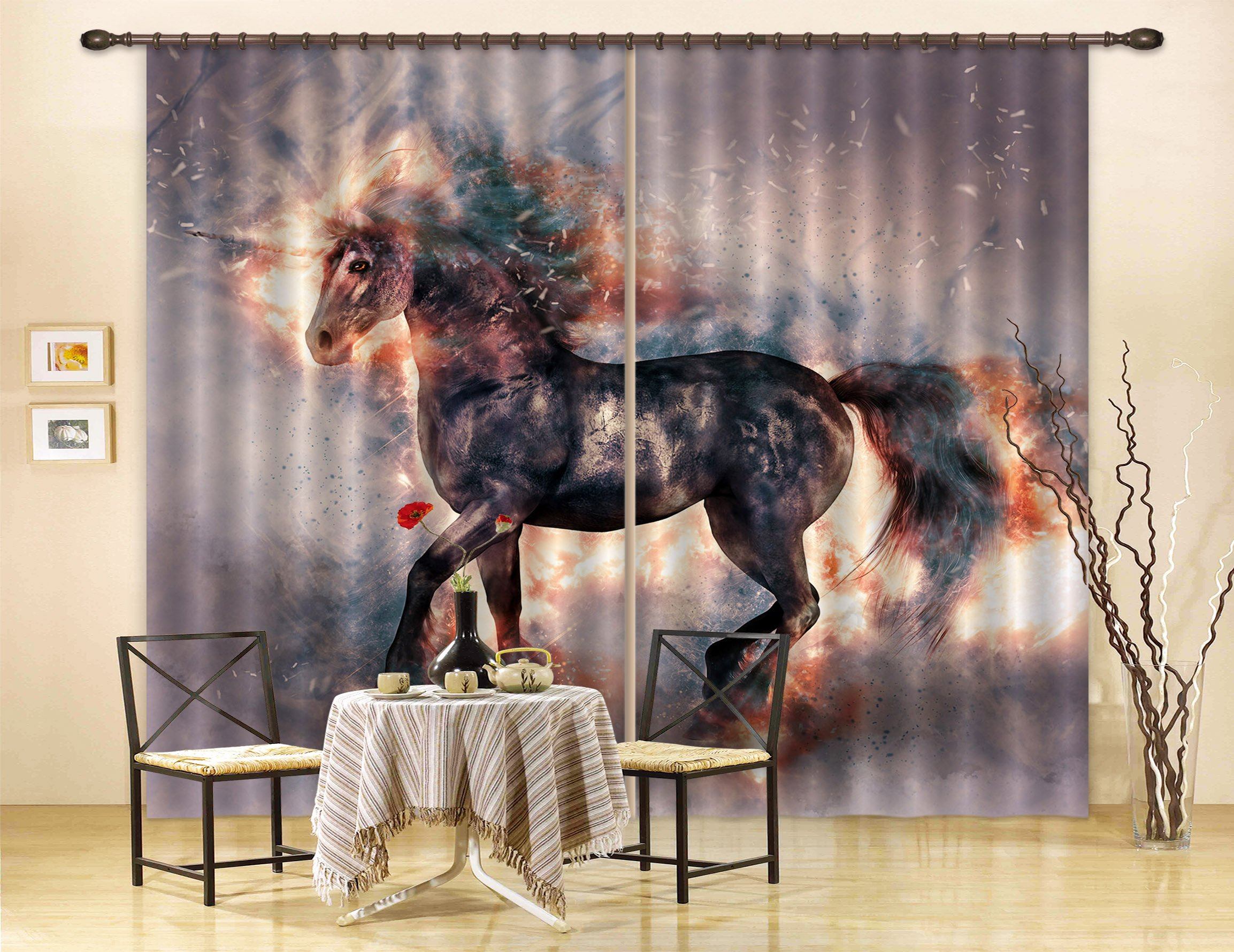 3D Fire Black Unicorn 084 Curtains Drapes Curtains AJ Creativity Home 
