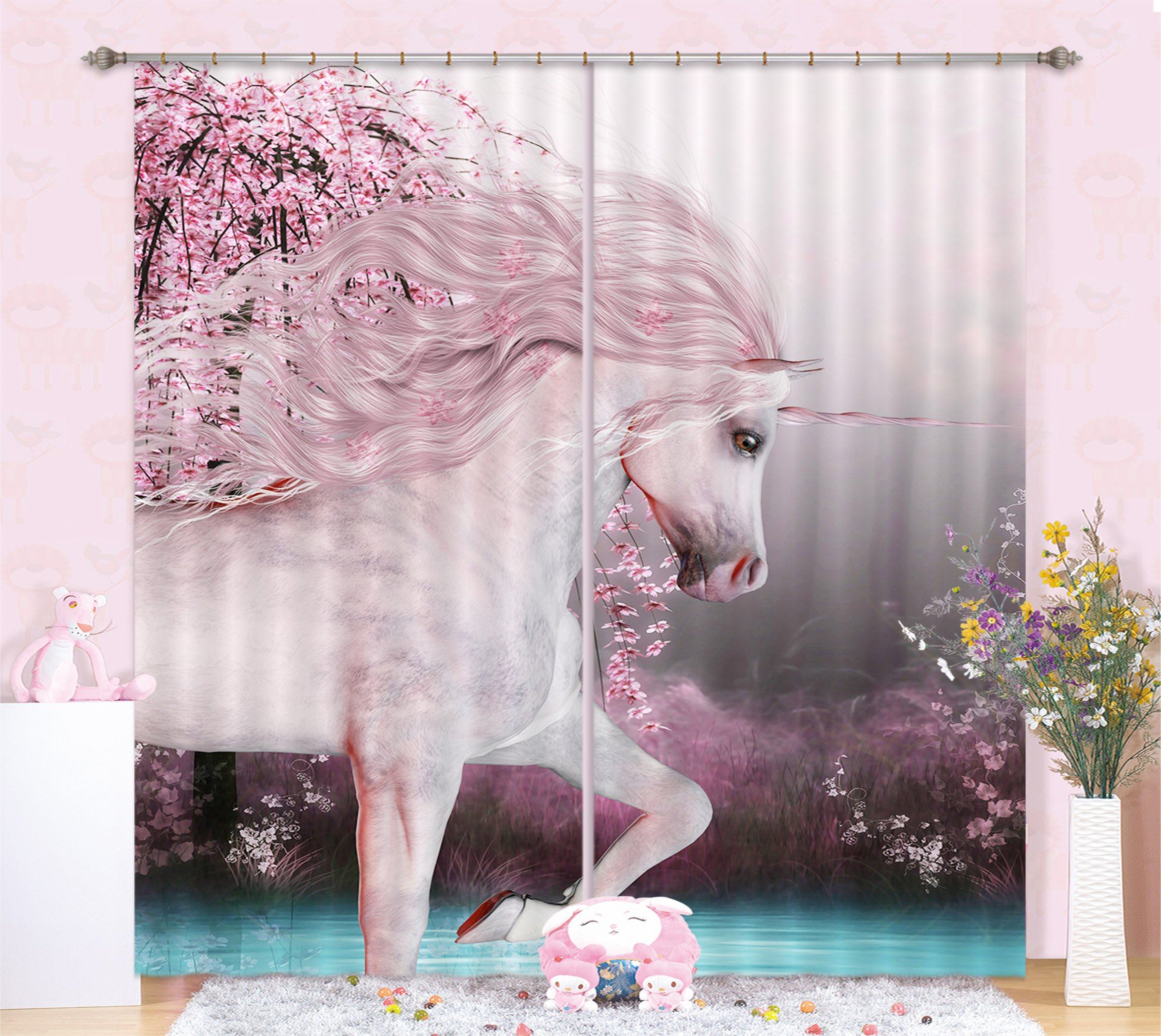 3D Peach Blossom Unicorns 111 Curtains Drapes Curtains AJ Creativity Home 