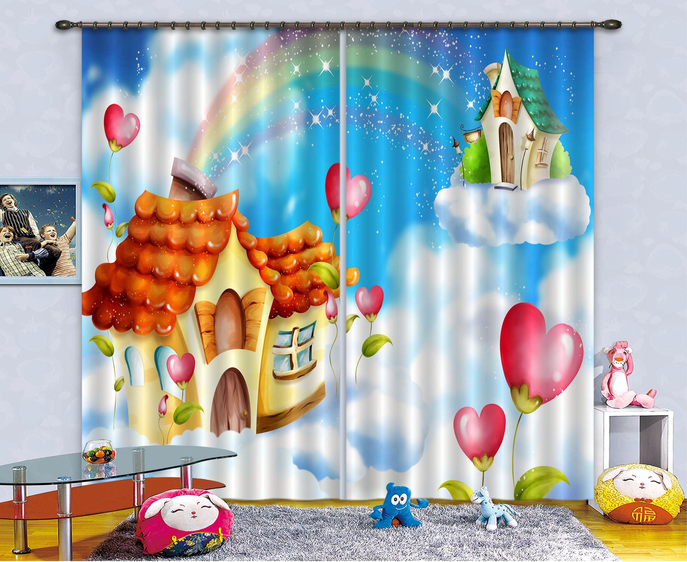 3D Sky Rainbow Houses 2466 Curtains Drapes Wallpaper AJ Wallpaper 