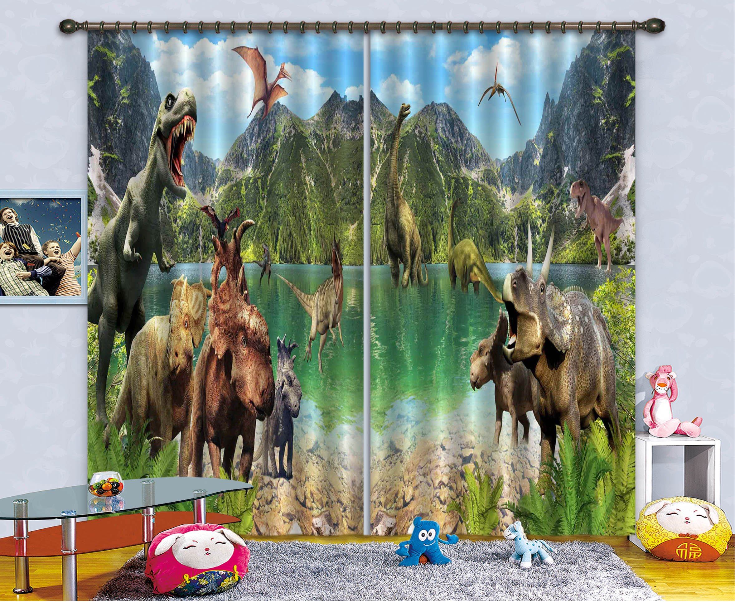 3D Mountains Lake Dinosaurs 2250 Curtains Drapes Wallpaper AJ Wallpaper 