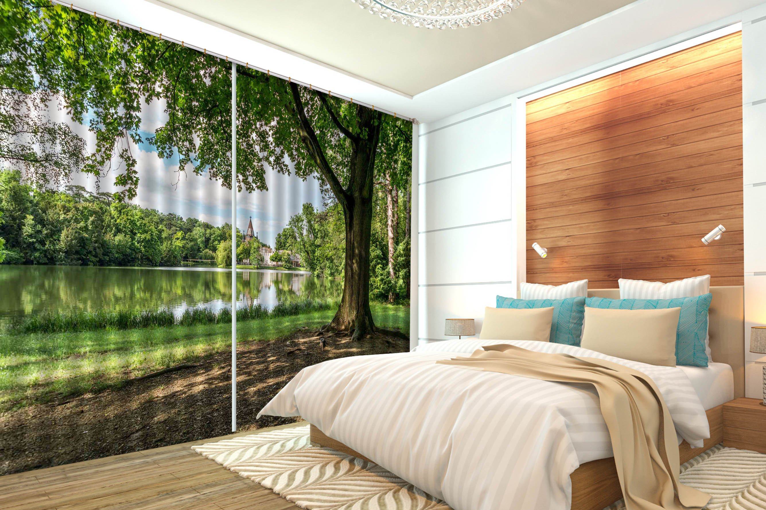 3D Lakeside Green Tree 524 Curtains Drapes Wallpaper AJ Wallpaper 