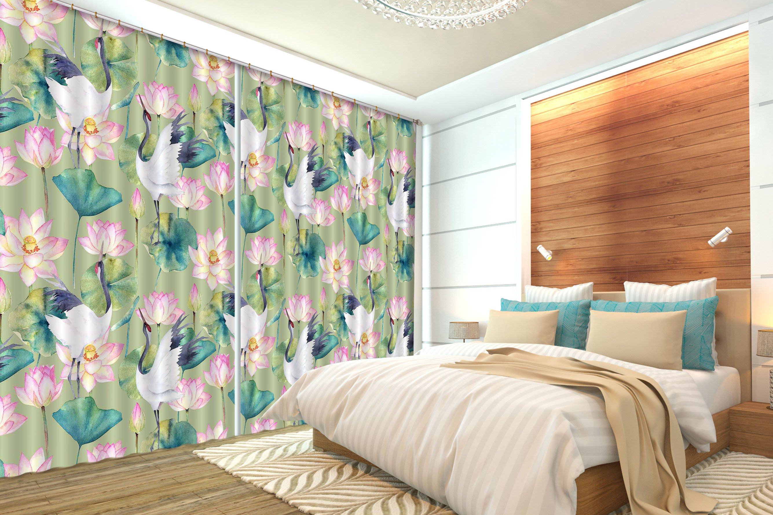 3D Lotus Flowers And Cranes 2326 Curtains Drapes Wallpaper AJ Wallpaper 