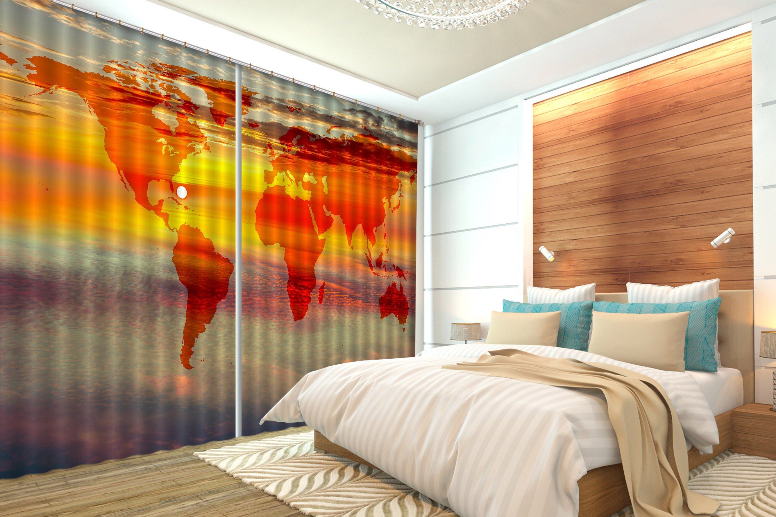 3D Sunset Sky World Map 112 Curtains Drapes Wallpaper AJ Wallpaper 