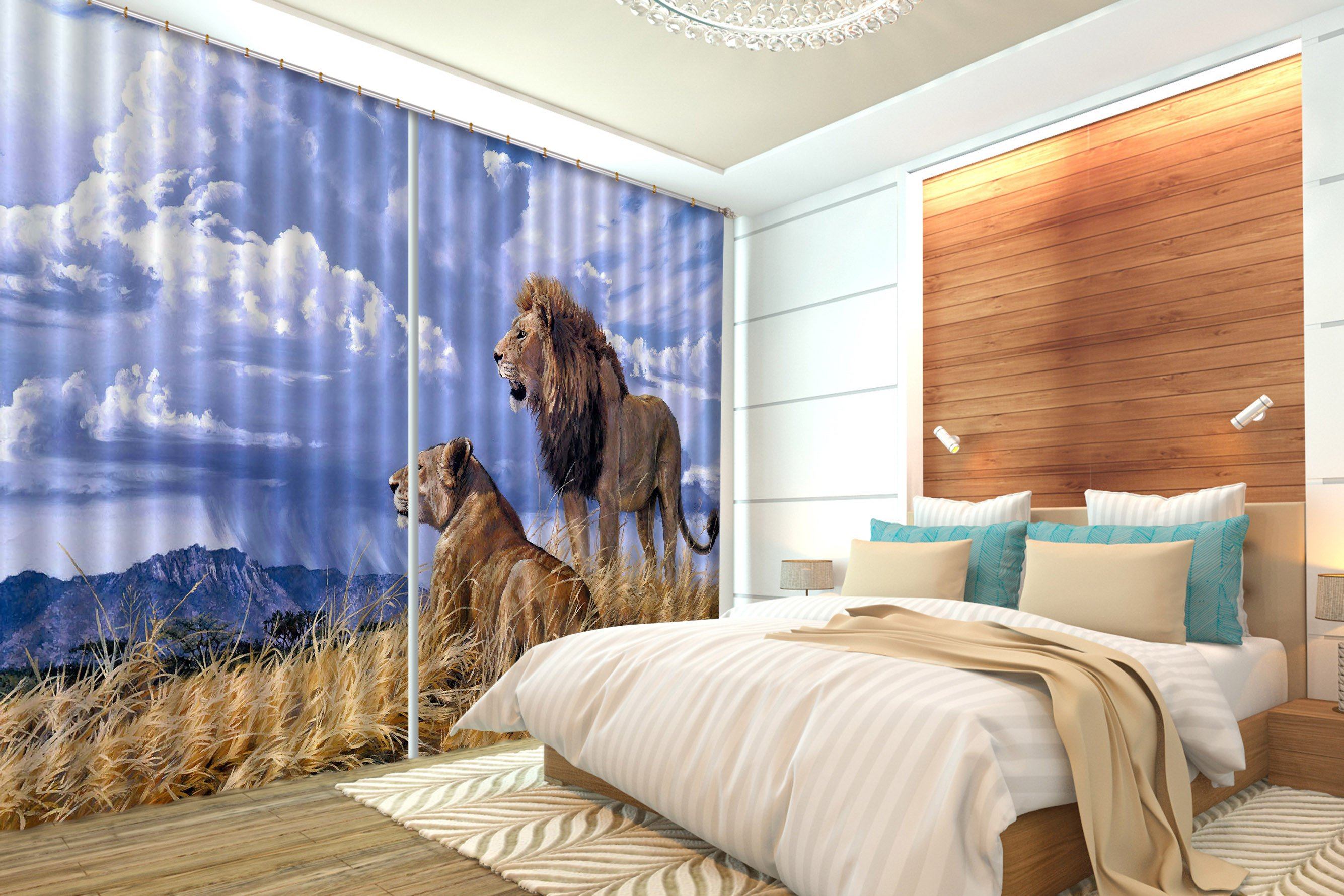 3D Lions Couple 117 Curtains Drapes Wallpaper AJ Wallpaper 