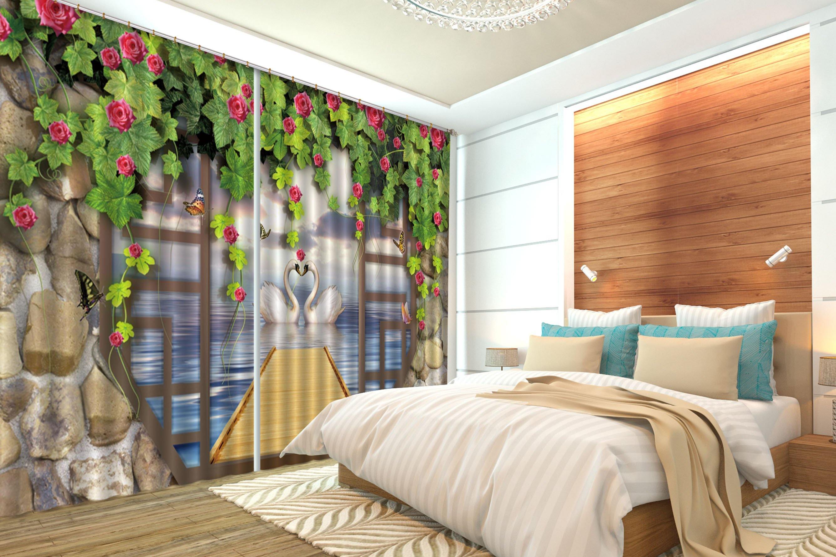 3D Flowers Door Sea Swans Curtains Drapes Wallpaper AJ Wallpaper 
