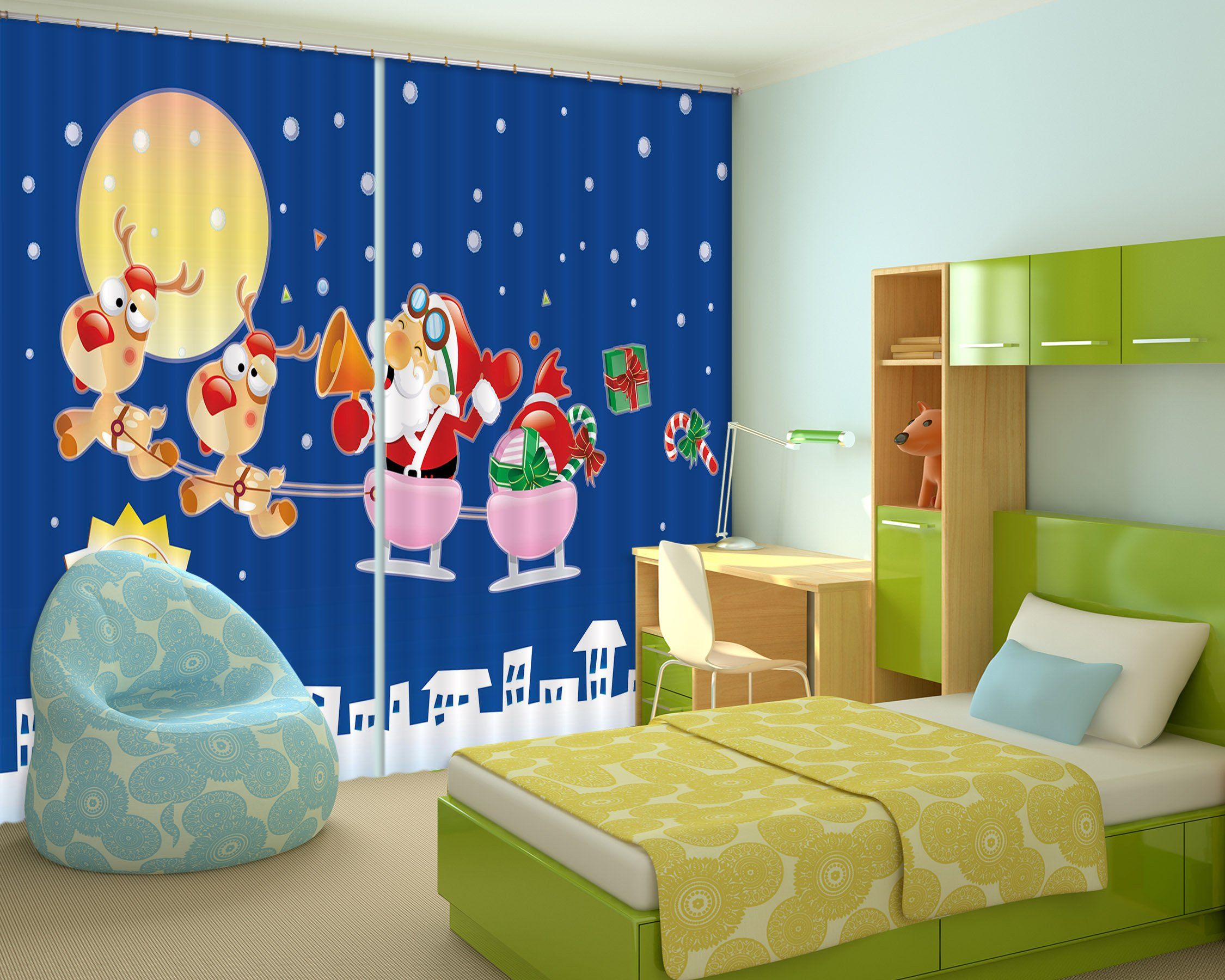 3D Moon Sleigh Christmas 53 Curtains Drapes Curtains AJ Creativity Home 
