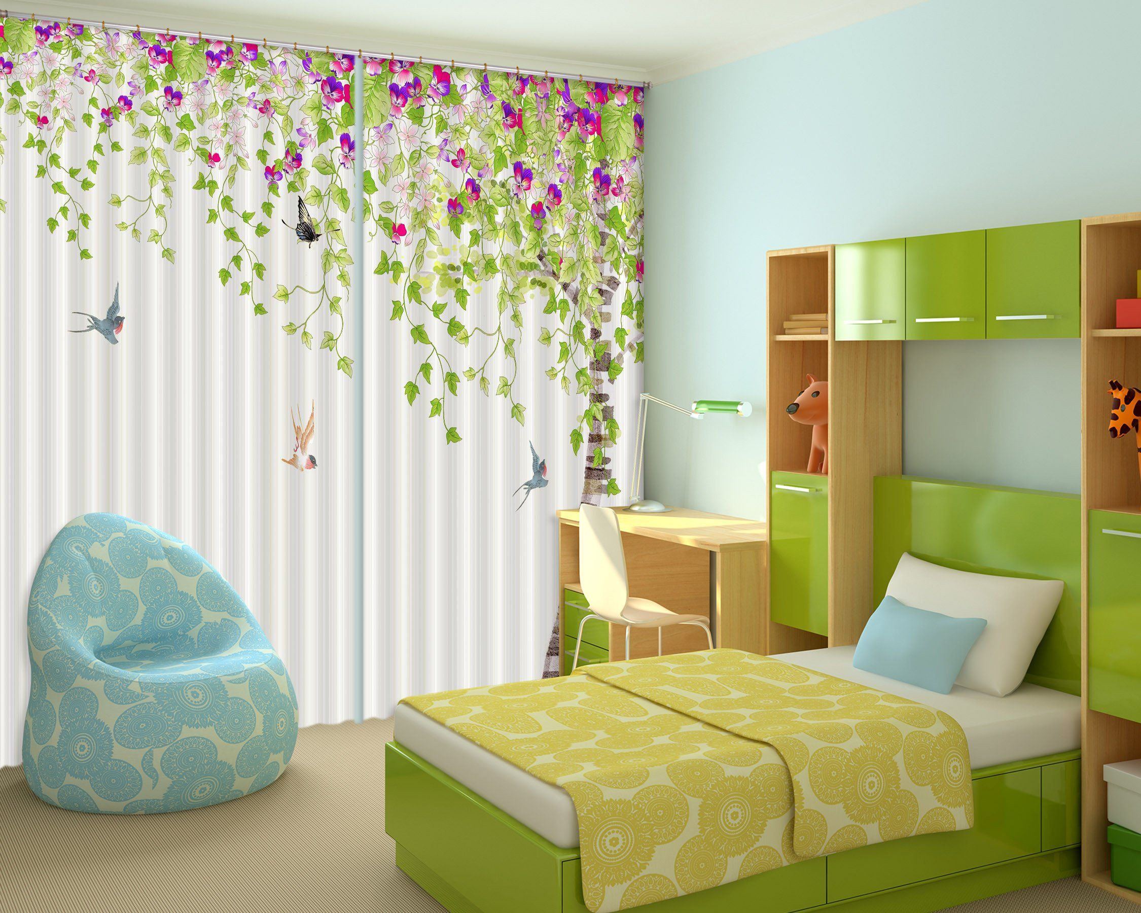 3D Flowers Tree Birds 443 Curtains Drapes Wallpaper AJ Wallpaper 