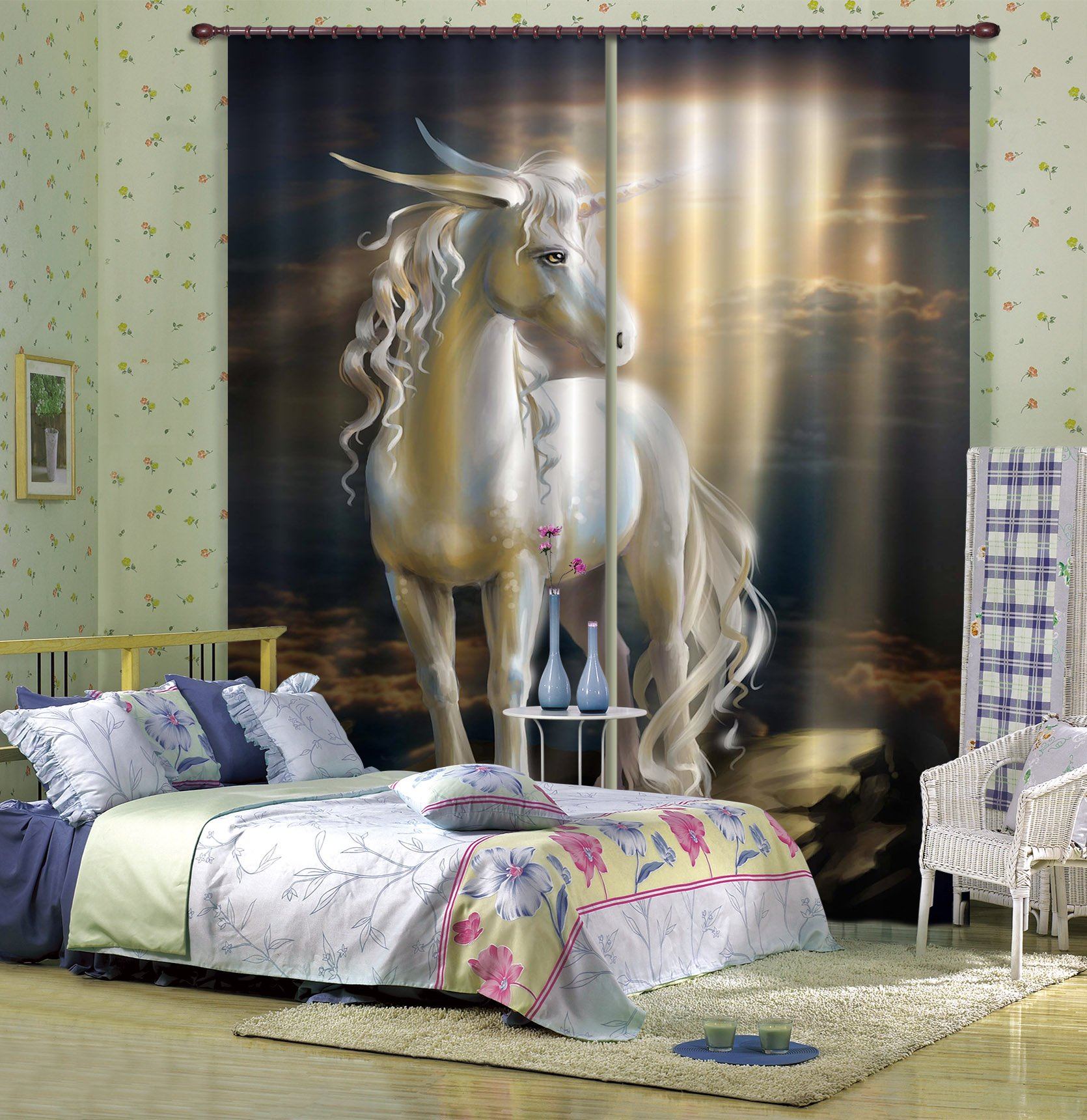 3D Light Transmission Unicorn 079 Curtains Drapes Curtains AJ Creativity Home 