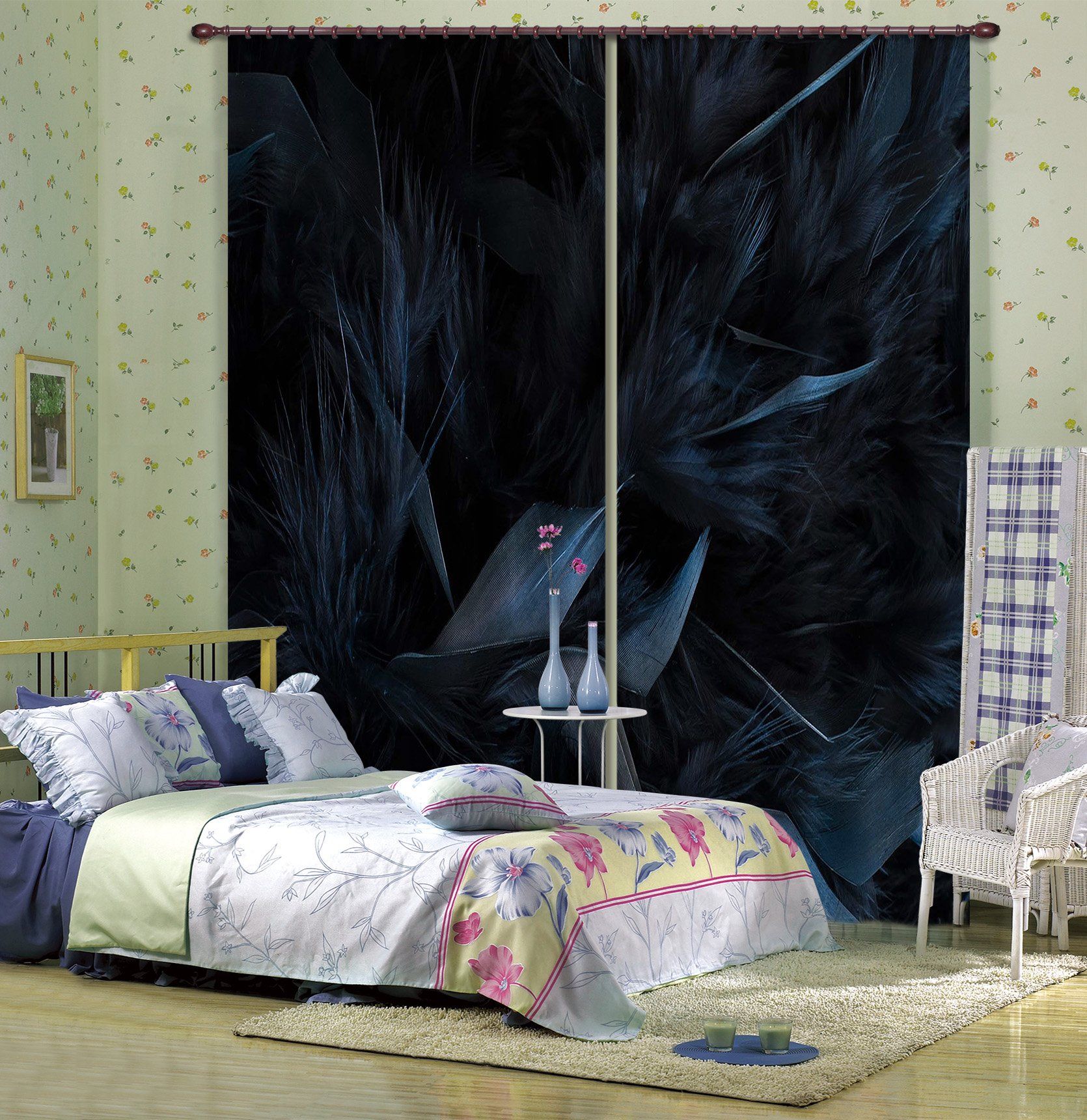 3D Dark Blue Fluff 4 Curtains Drapes Curtains AJ Creativity Home 