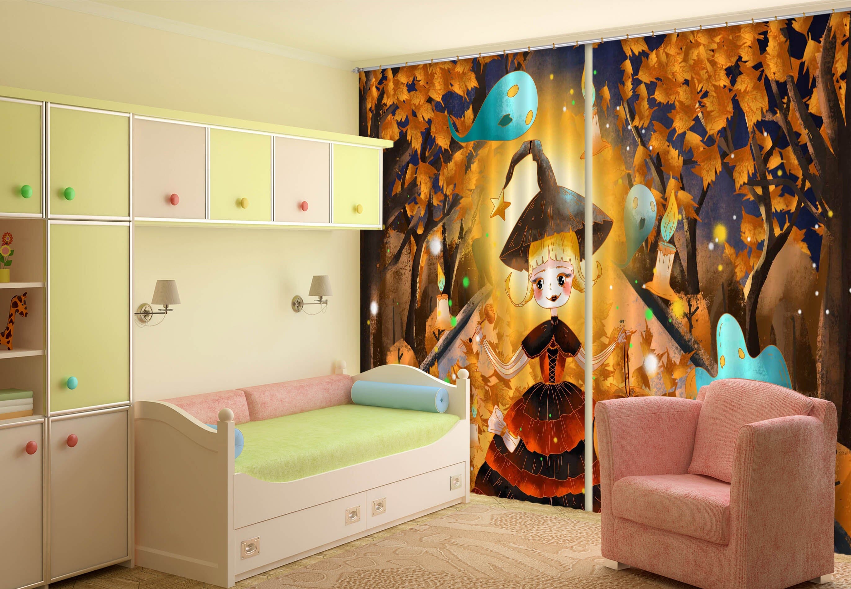 3D Ghost Candle Maple Leaf 031 Halloween Curtains Drapes Curtains AJ Creativity Home 