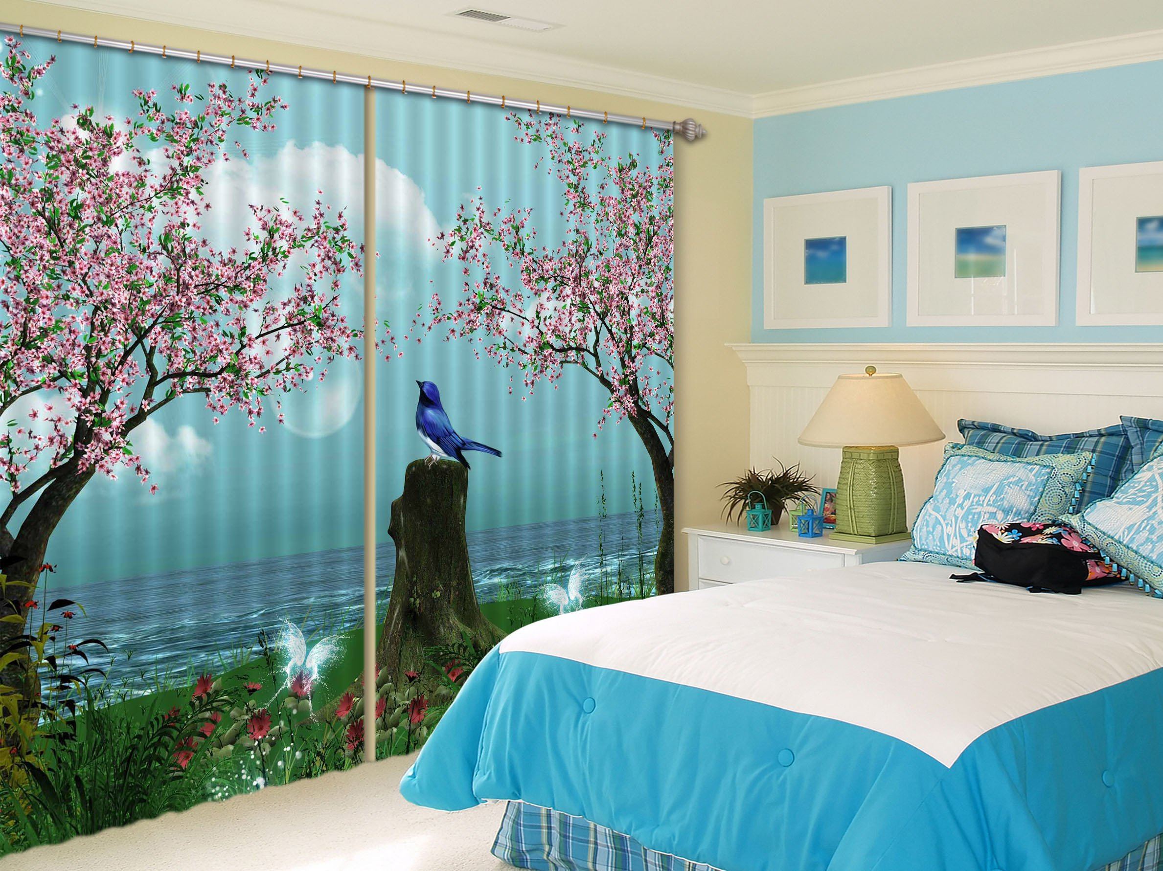 3D Seaside Flowers Bird Curtains Drapes Wallpaper AJ Wallpaper 