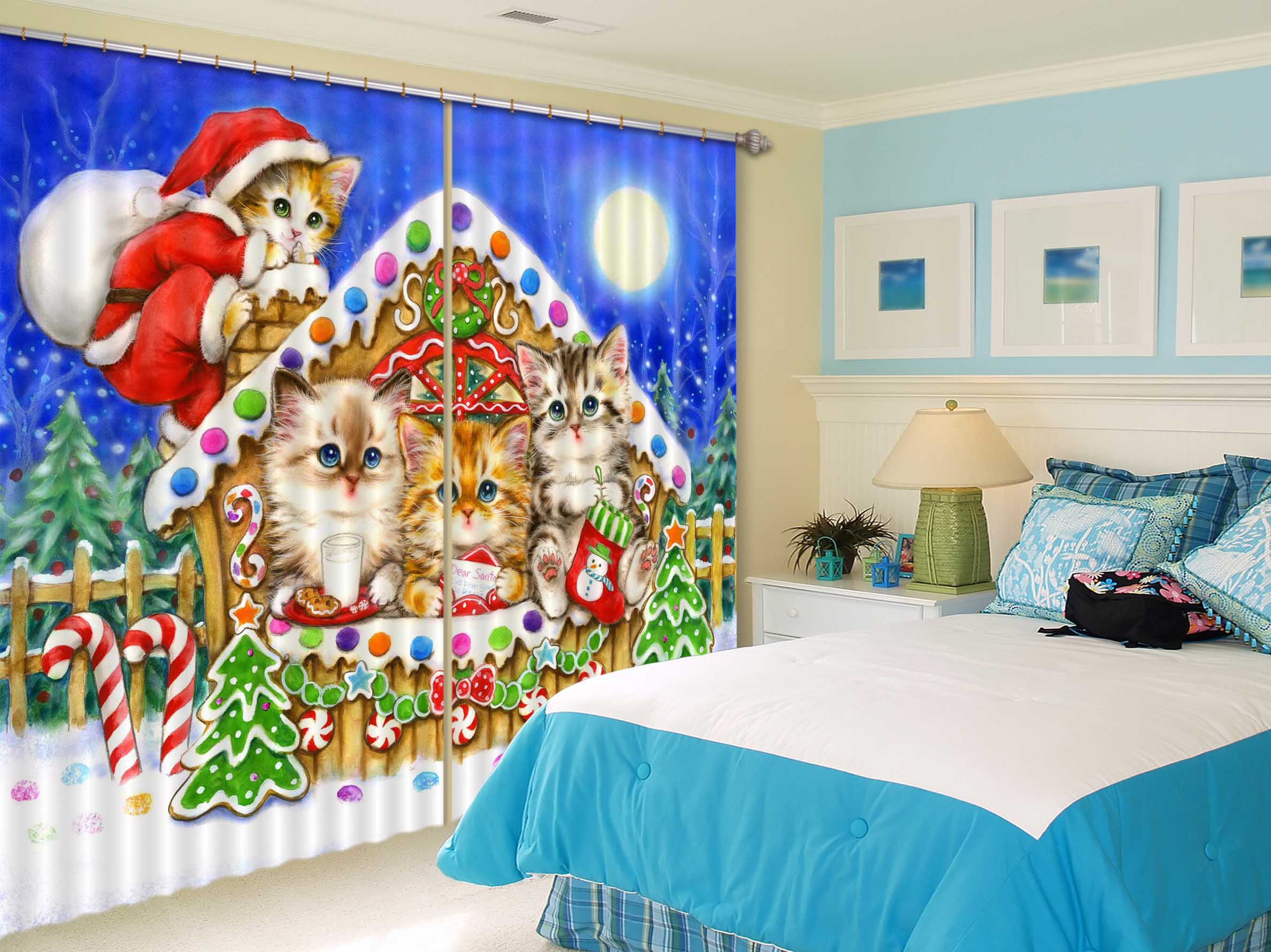 3D Christmas Cat House 9023 Kayomi Harai Curtain Curtains Drapes