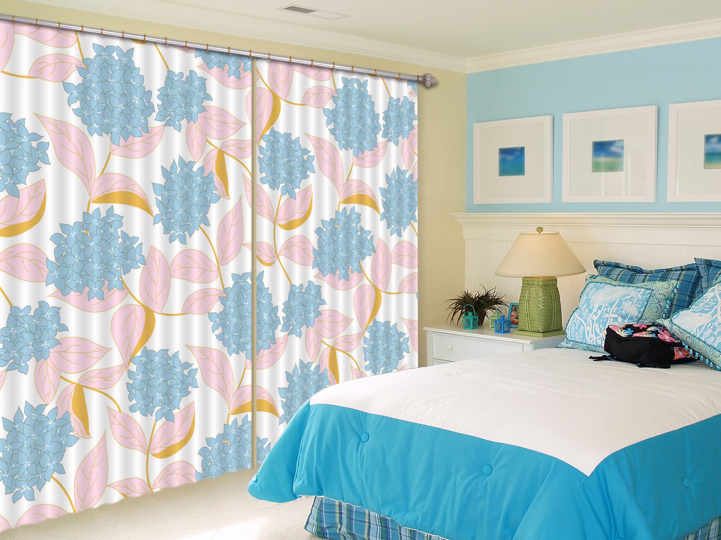 3D Blue Flowers Pink Leaf 11179 Kashmira Jayaprakash Curtain Curtains Drapes