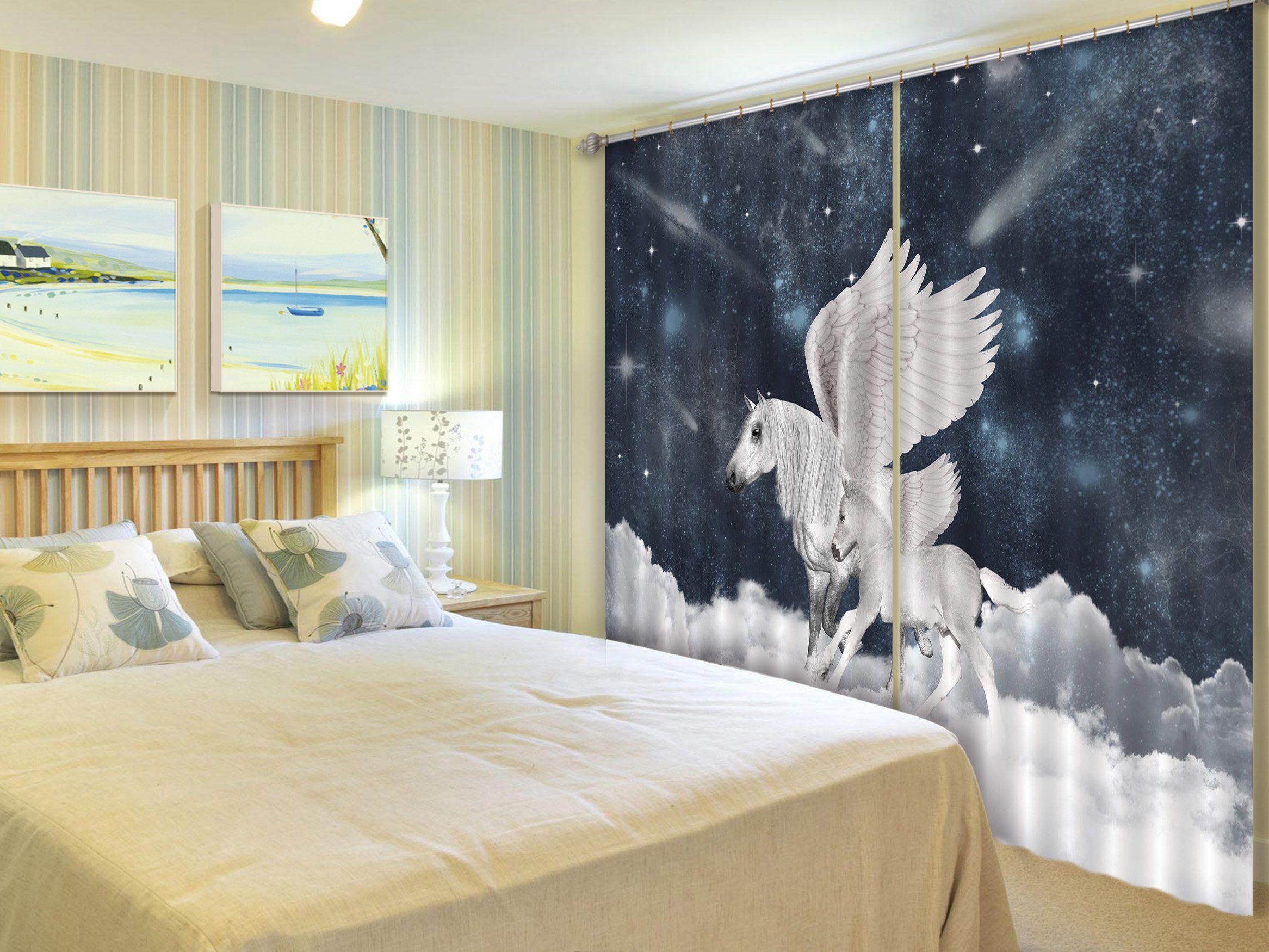 3D Star White Clouds Unicorns 100 Curtains Drapes Curtains AJ Creativity Home 