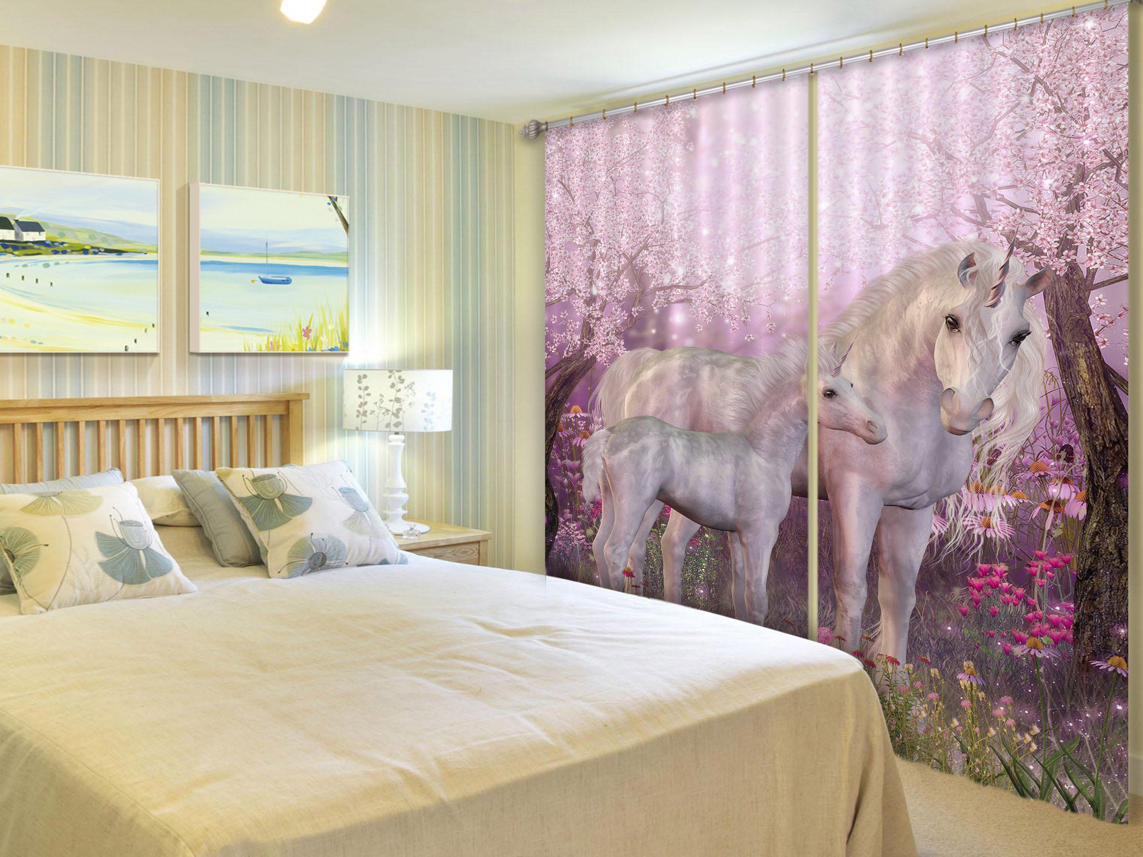 3D Peach Flower Forest Unicorns 124 Curtains Drapes Curtains AJ Creativity Home 
