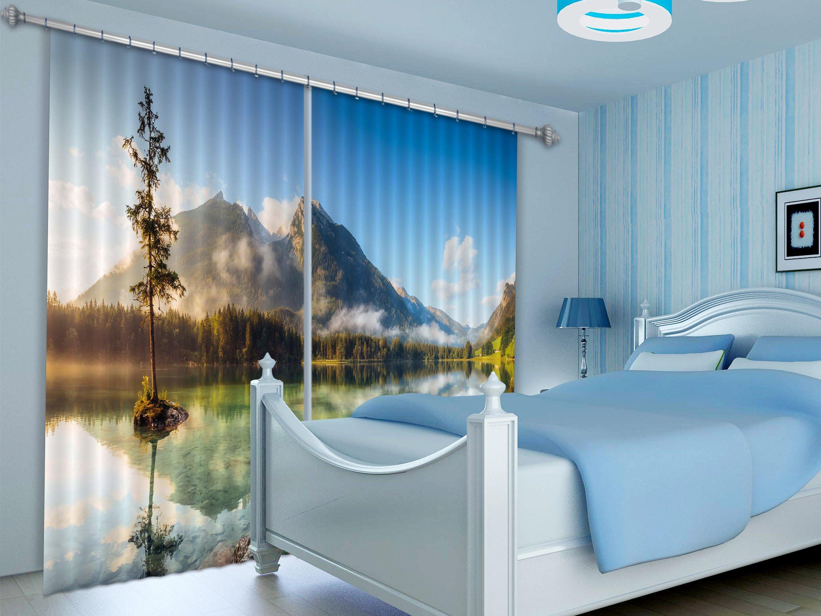 3D Misty Mountains Lake 401 Curtains Drapes Wallpaper AJ Wallpaper 