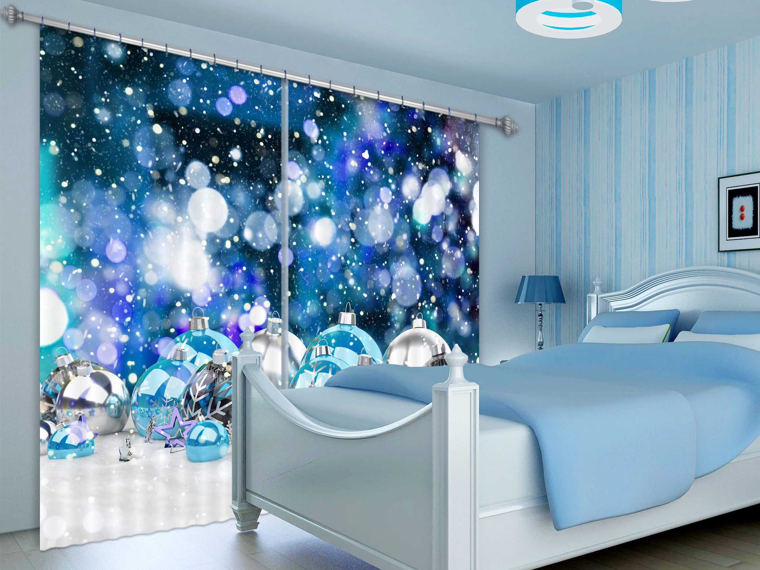 3D Silver Blue Ball 52046 Christmas Curtains Drapes Xmas