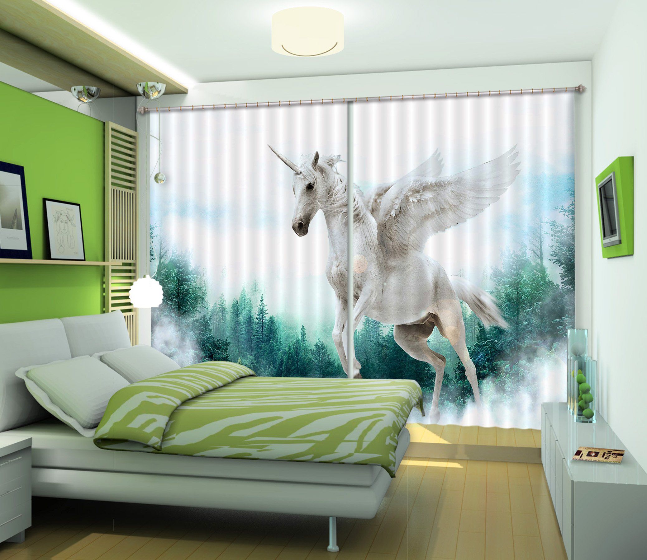 3D Forest Wing Unicorn 080 Curtains Drapes Curtains AJ Creativity Home 