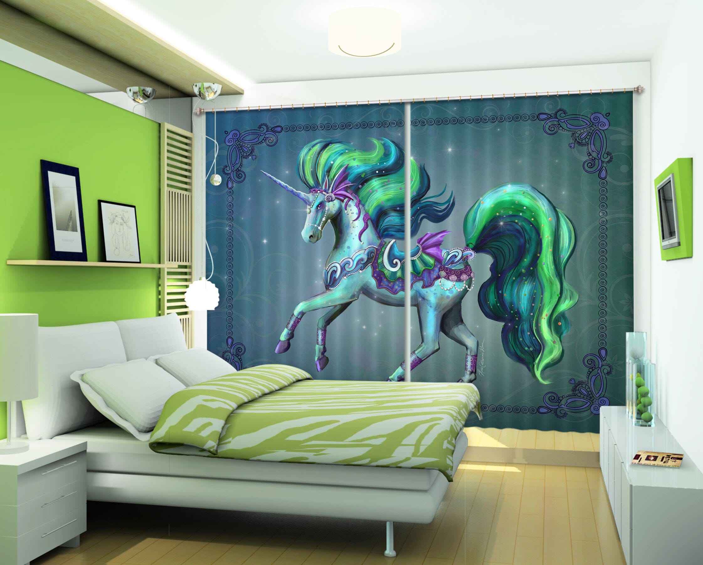 3D Green Unicorn 119 Rose Catherine Khan Curtain Curtains Drapes Curtains AJ Creativity Home 