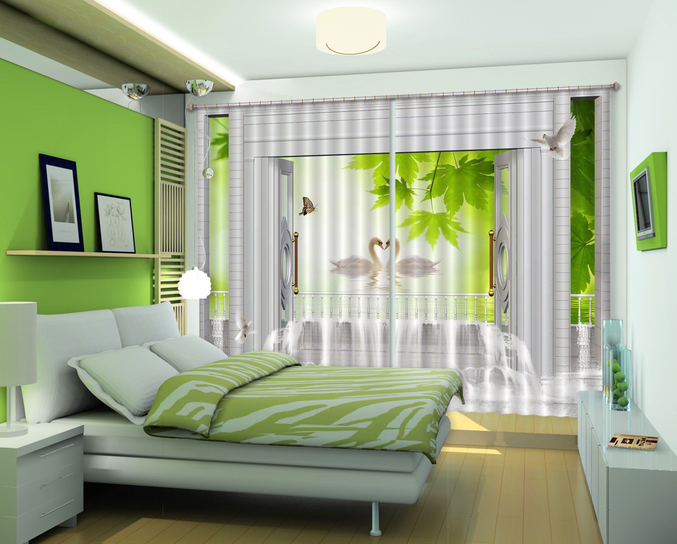 3D Door Lake Swans 457 Curtains Drapes Wallpaper AJ Wallpaper 