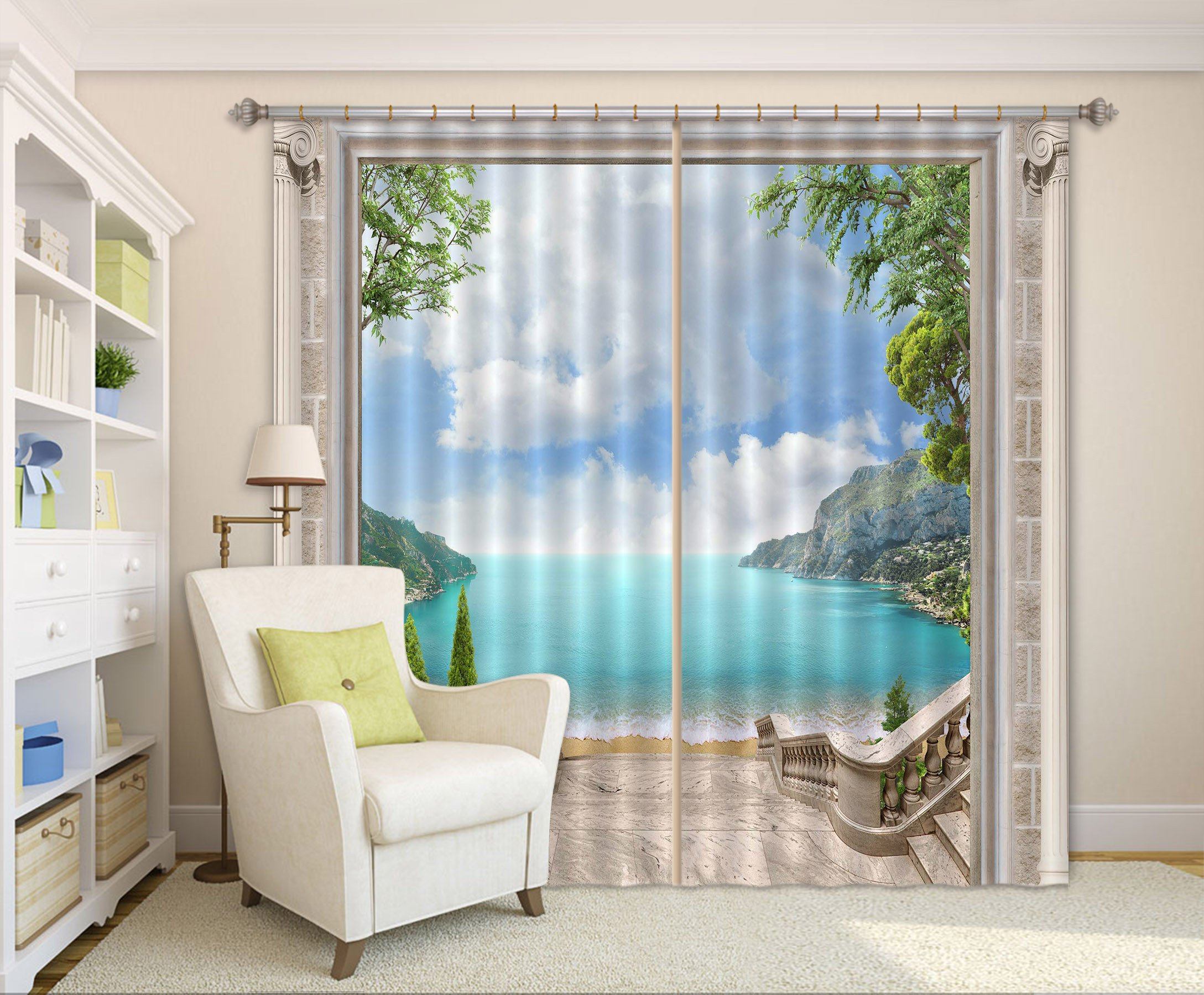 3D Stairway Bay Scenery 376 Curtains Drapes Wallpaper AJ Wallpaper 
