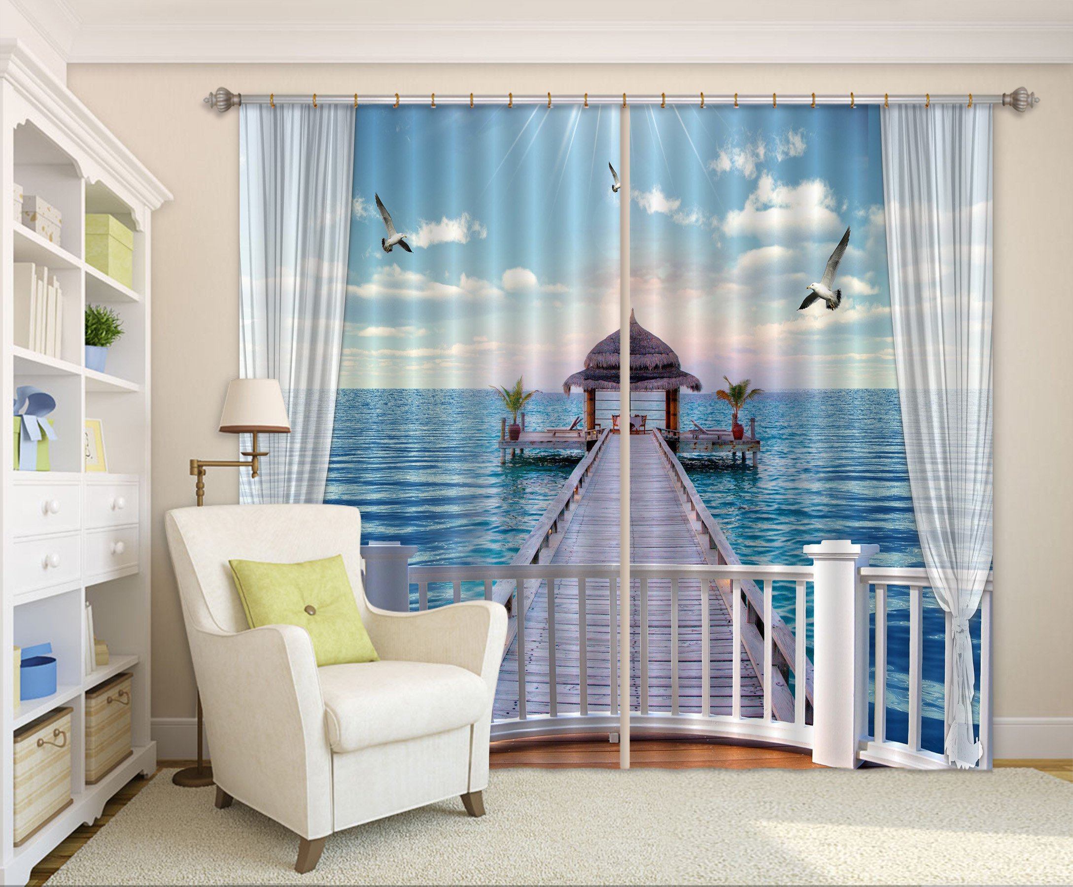 3D Balcony Sea Pavilion 44 Curtains Drapes Wallpaper AJ Wallpaper 
