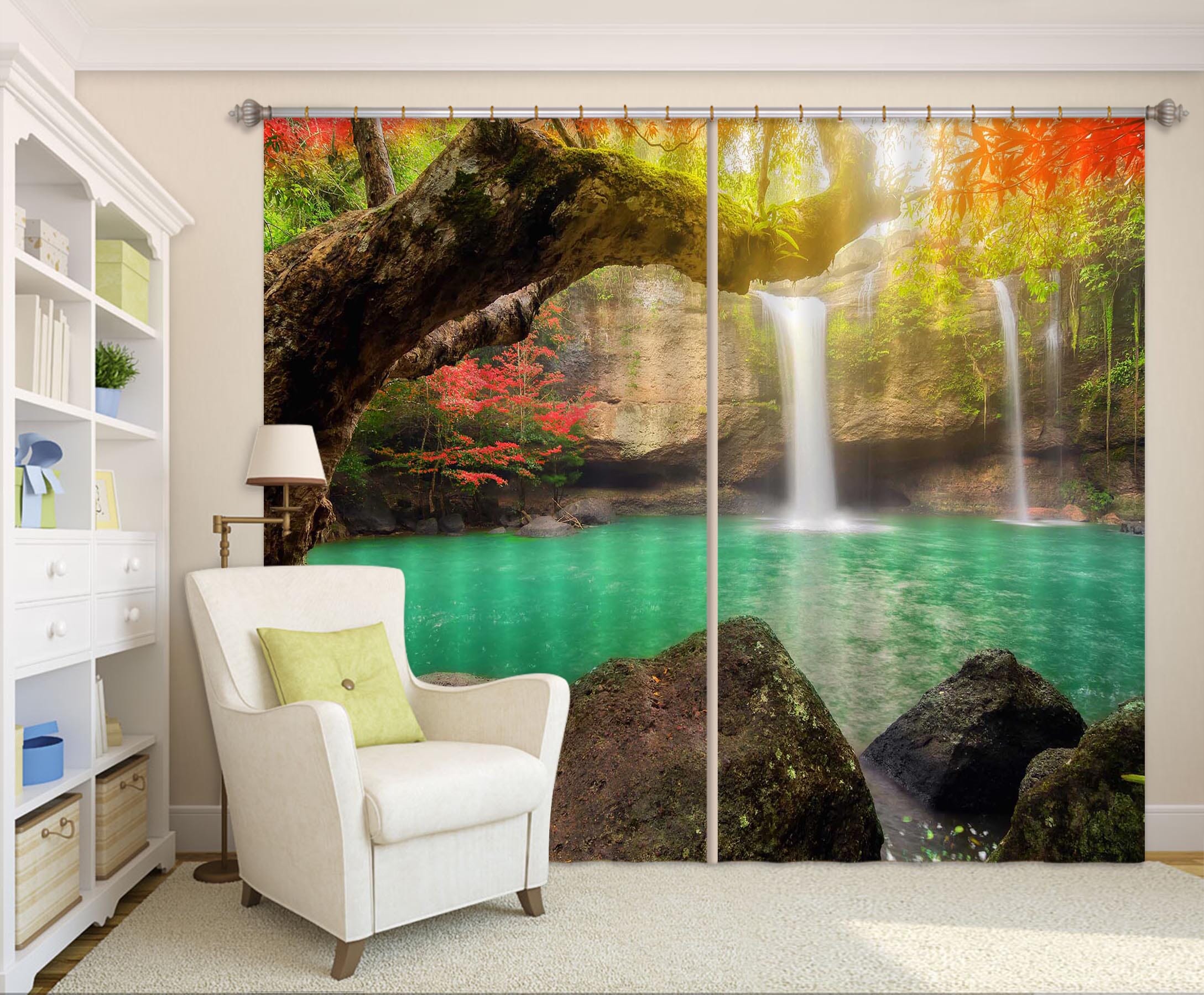 3D Sunset Waterfall 845 Curtains Drapes Wallpaper AJ Wallpaper 