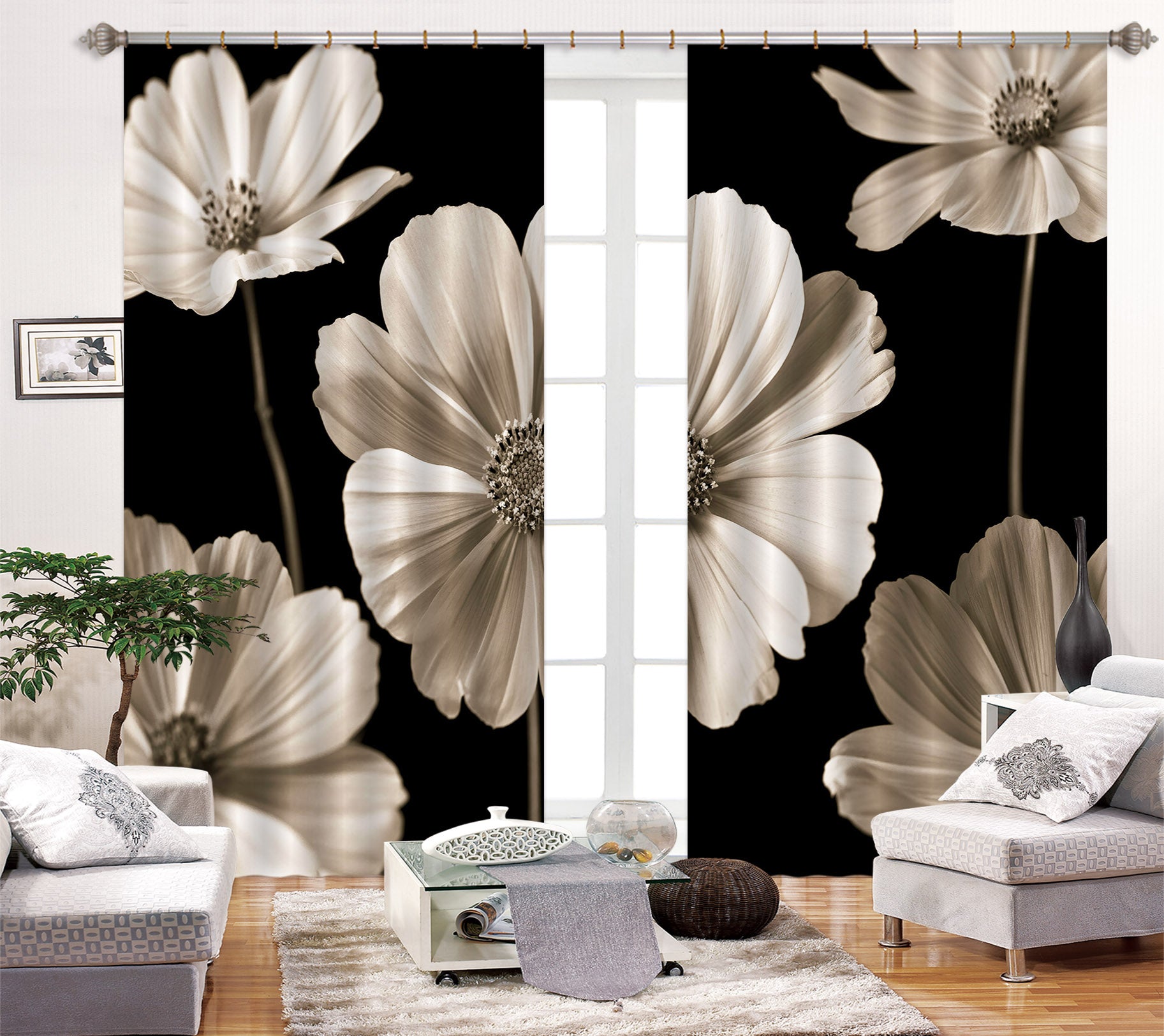 3D White Flowers 6307 Assaf Frank Curtain Curtains Drapes