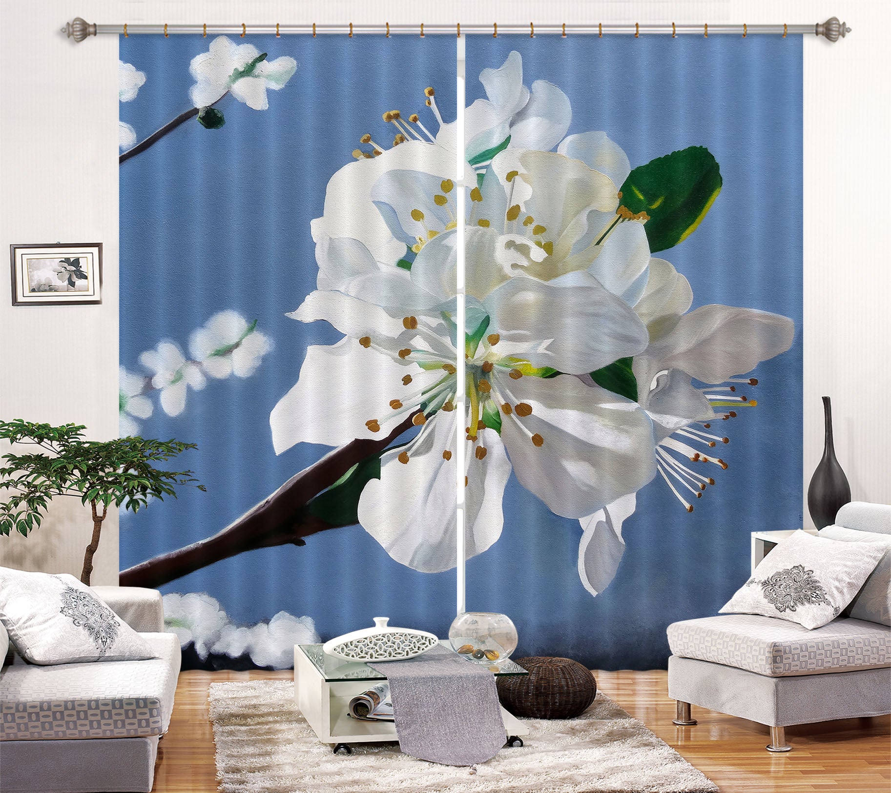 3D White Flowers 11028 Matthew Holden Bates Curtain Curtains Drapes