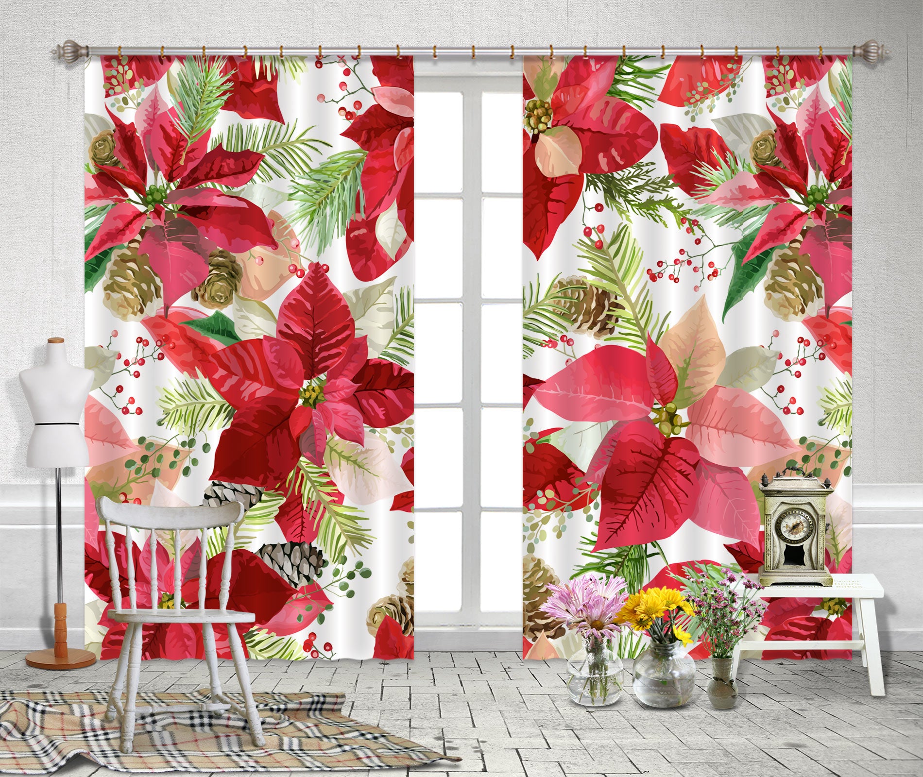 3D Red Leaves Flowers 52043 Christmas Curtains Drapes Xmas