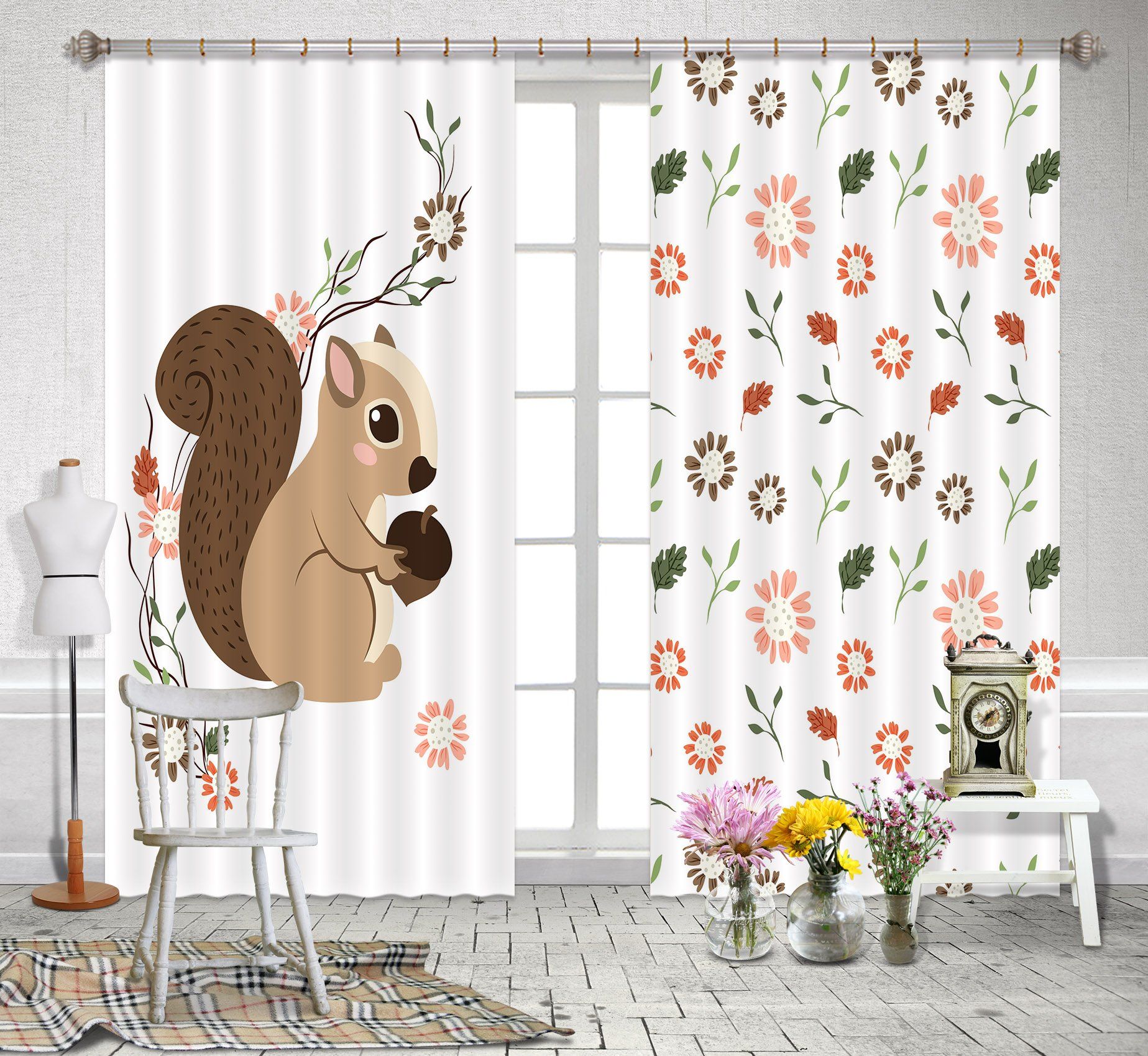 3D Squirrel And Flowers 2443 Curtains Drapes Wallpaper AJ Wallpaper 