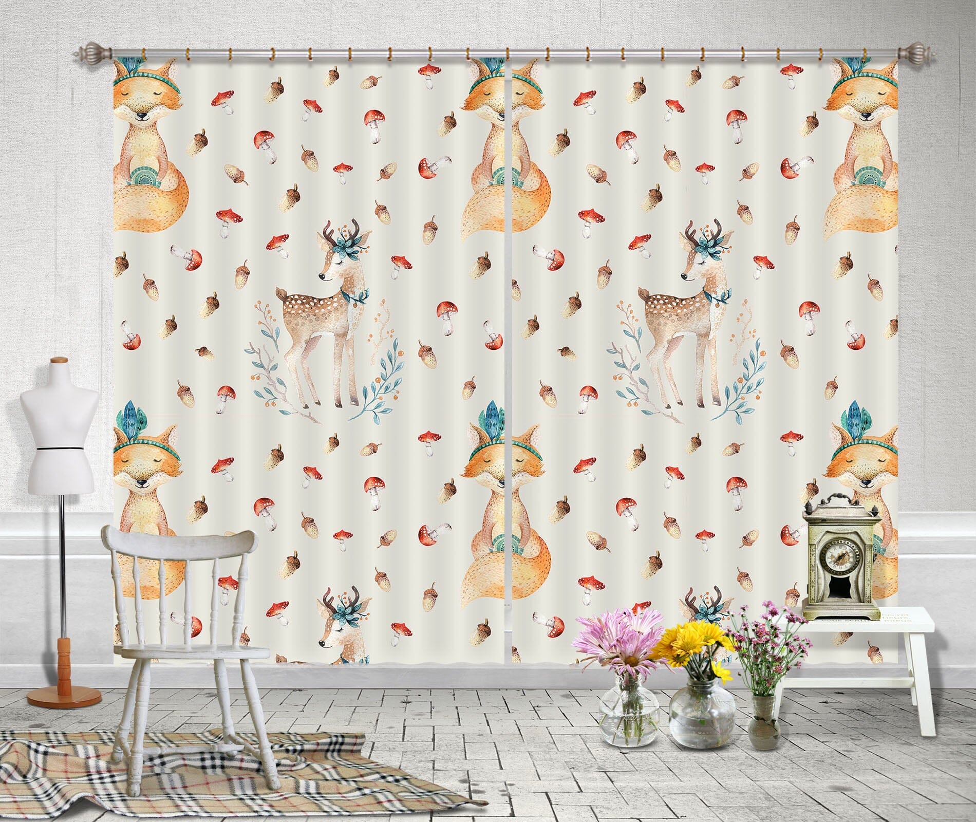 3D Sika Deer Fox 123 Uta Naumann Curtain Curtains Drapes Curtains AJ Creativity Home 