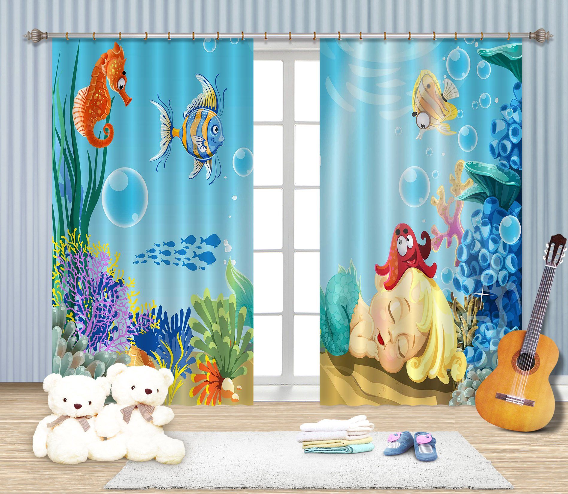 3D Seabed Cute Mermaid 2239 Curtains Drapes Wallpaper AJ Wallpaper 