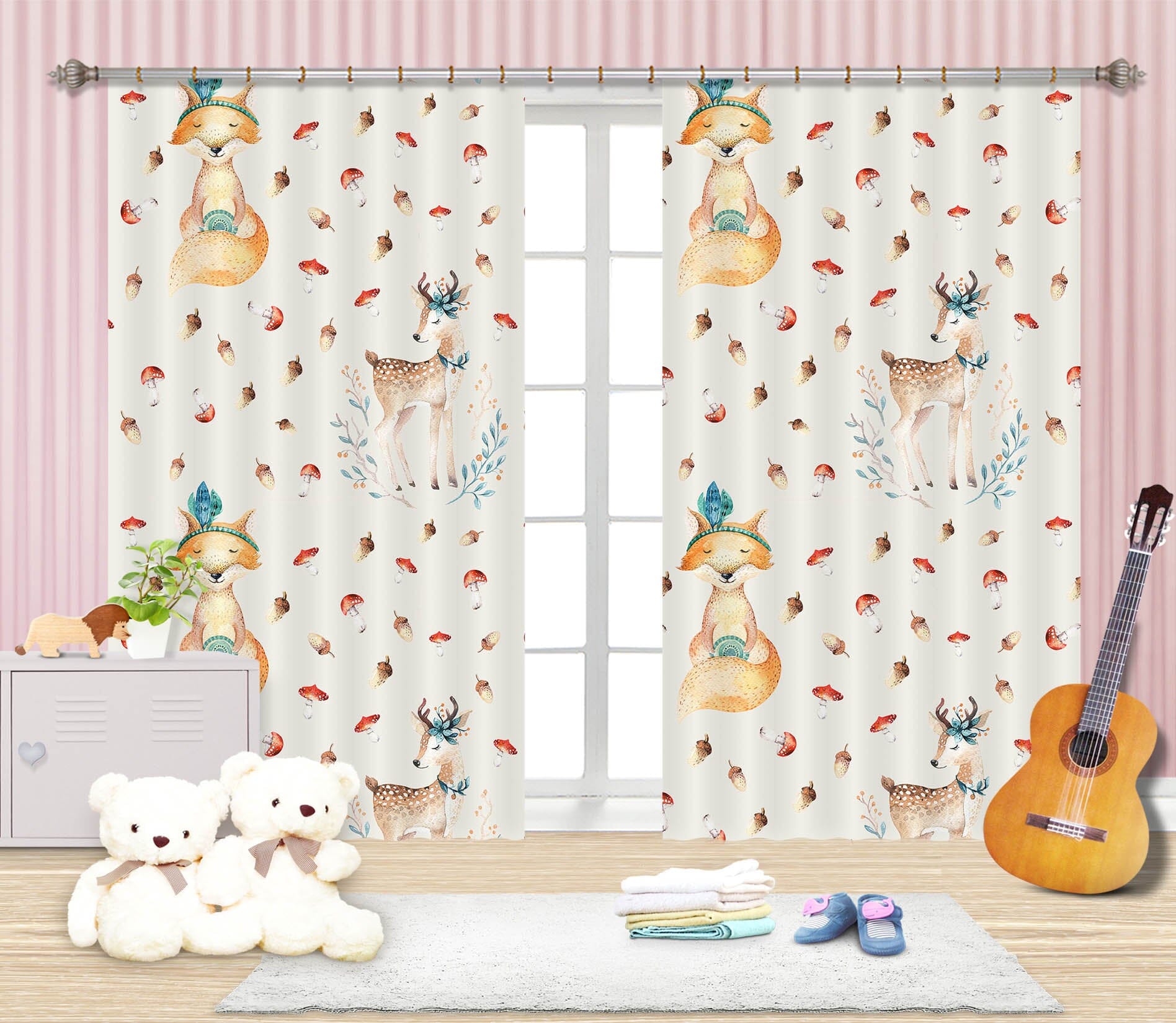 3D Sika Deer Fox 123 Uta Naumann Curtain Curtains Drapes Curtains AJ Creativity Home 
