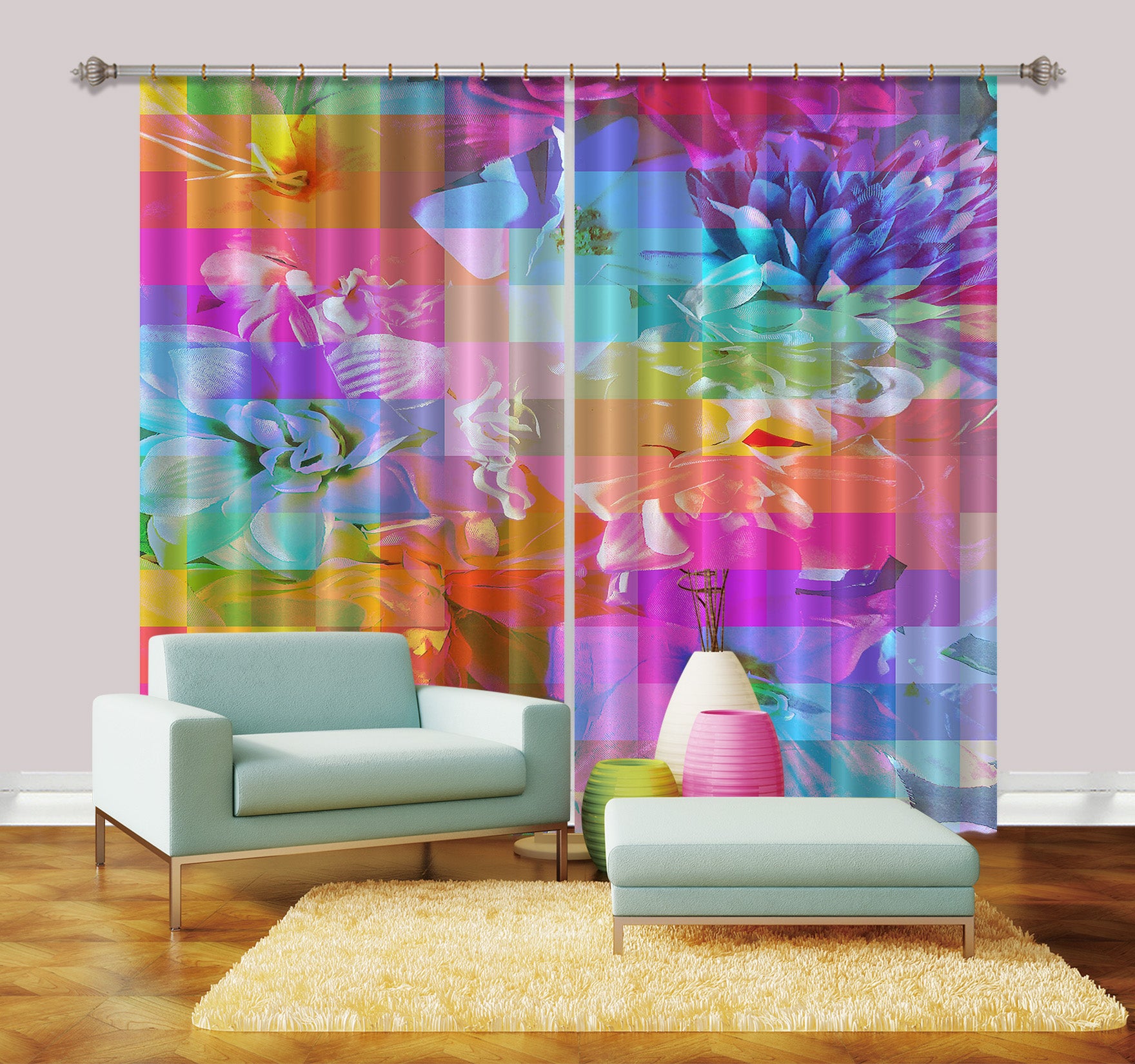 3D Color Mosaic Flowers 19182 Shandra Smith Curtain Curtains Drapes