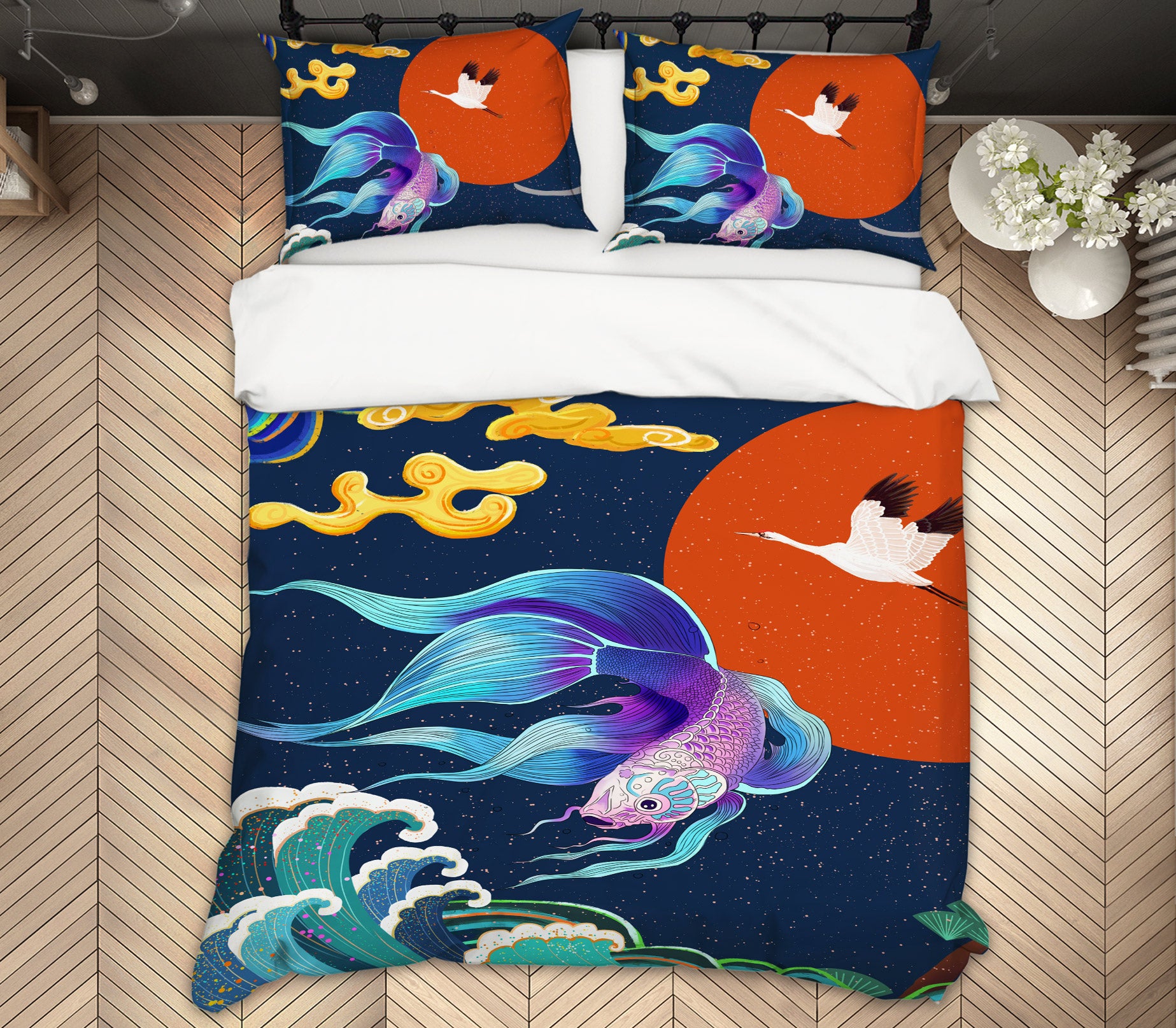 3D Goldfish Crane 12185 Bed Pillowcases Quilt