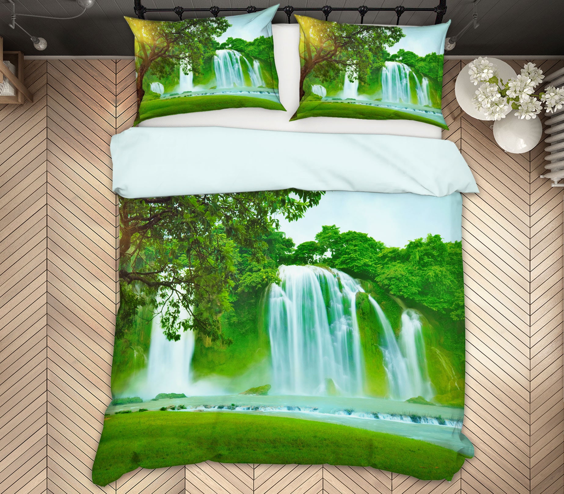 3D Green Tree Waterfall 12198 Bed Pillowcases Quilt