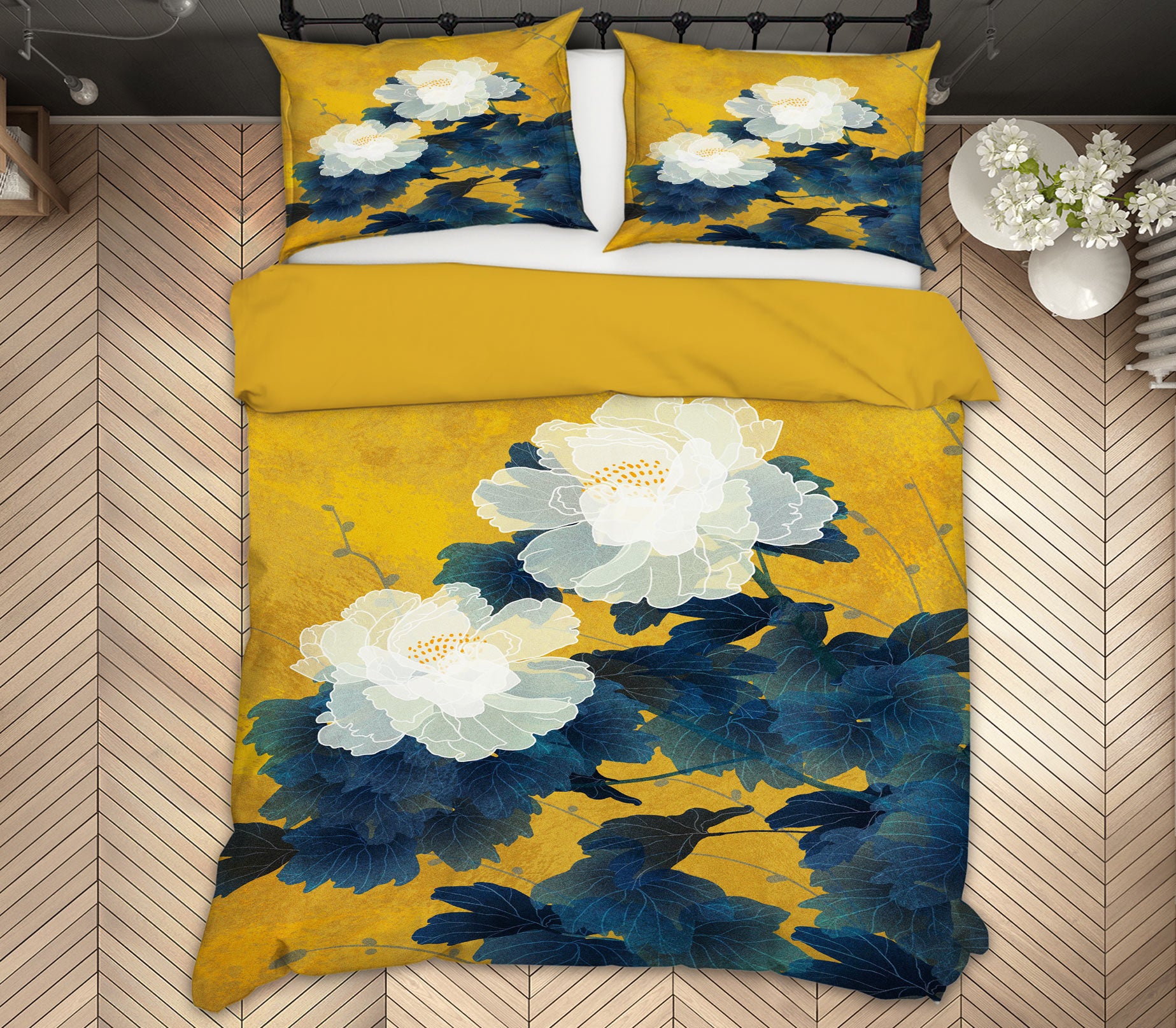 3D White Flowers 59096 Bed Pillowcases Quilt