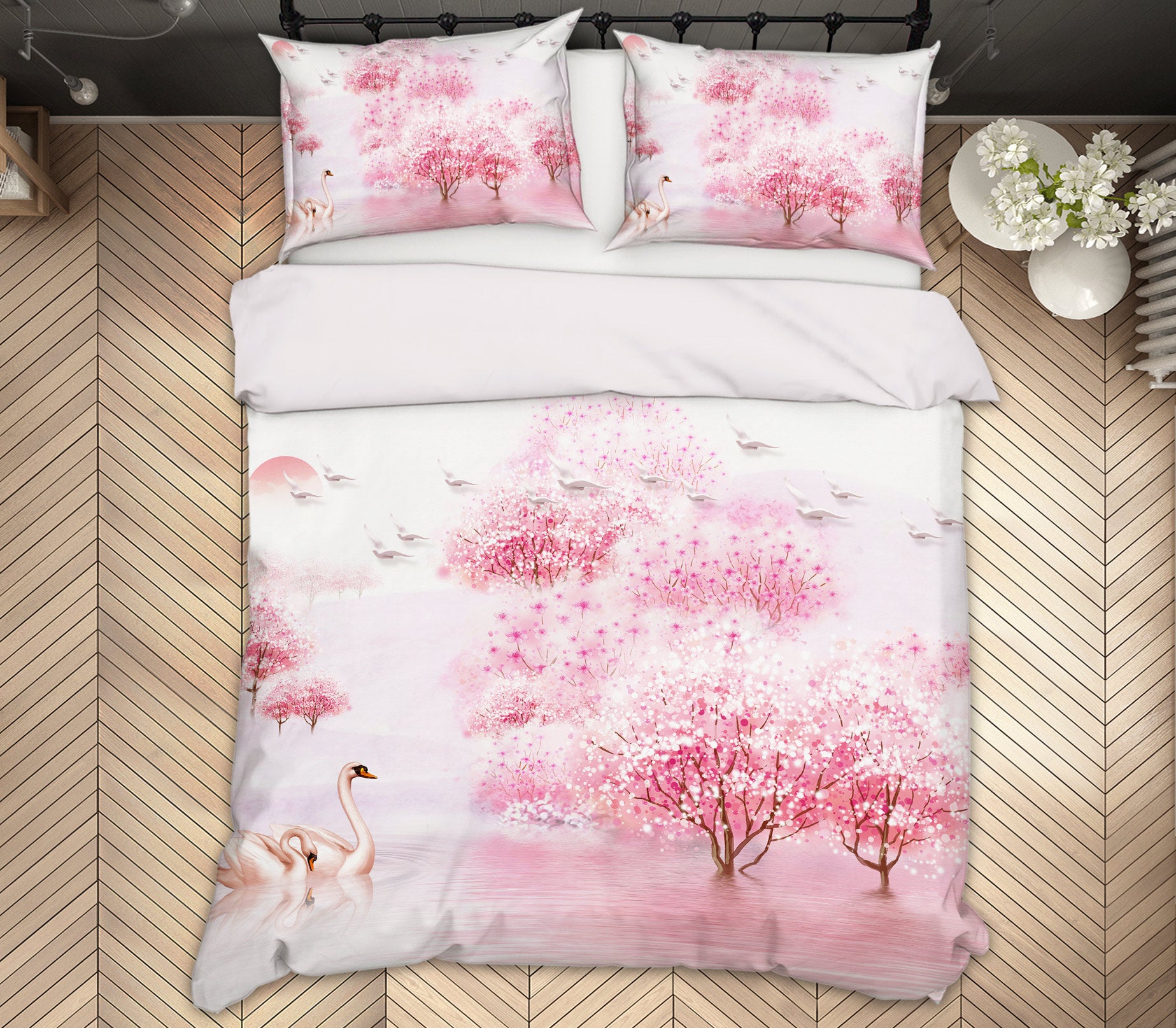 3D Pink Tree Swan 13022 Bed Pillowcases Quilt