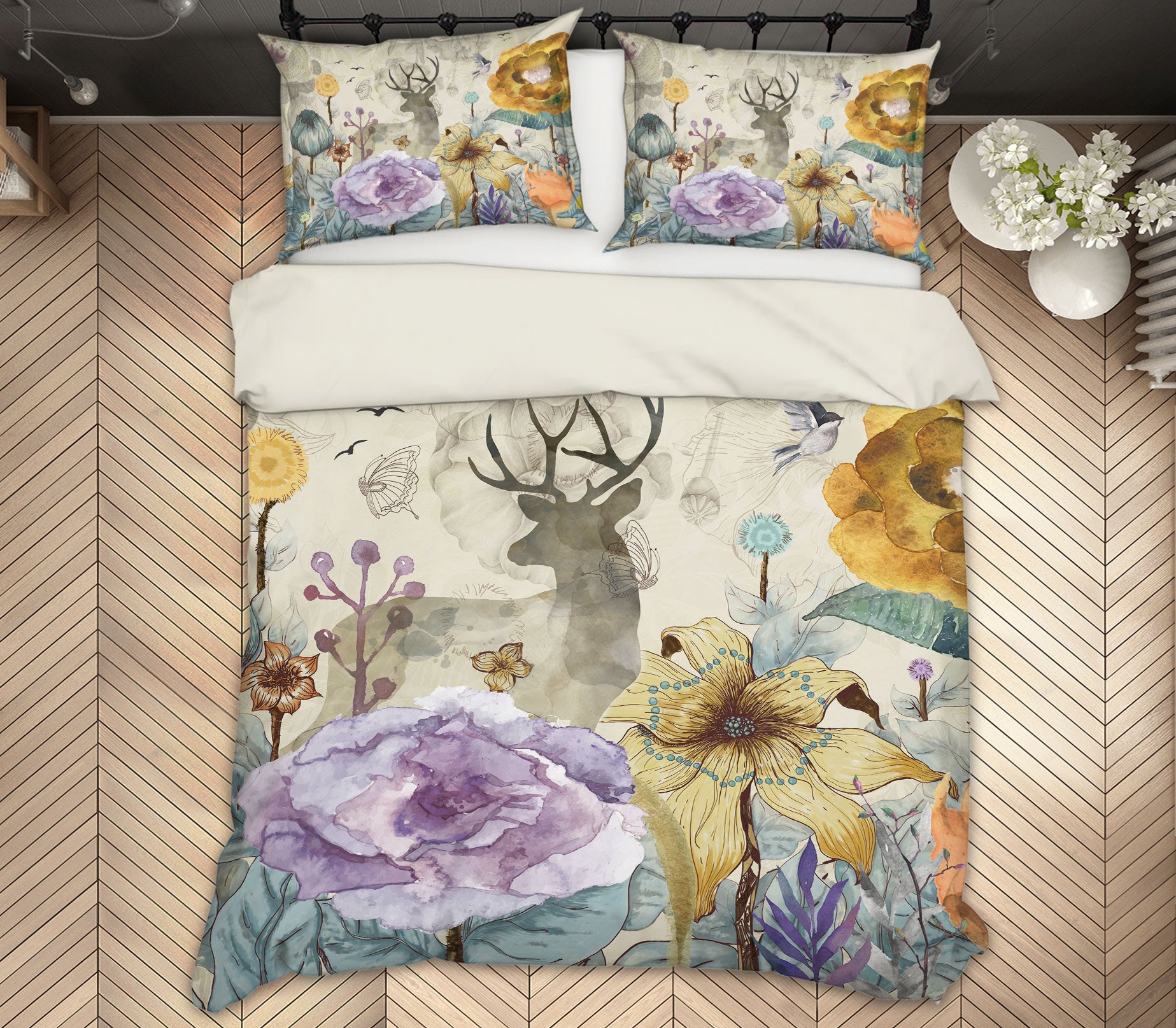 3D Flowers Deer 12095 Bed Pillowcases Quilt