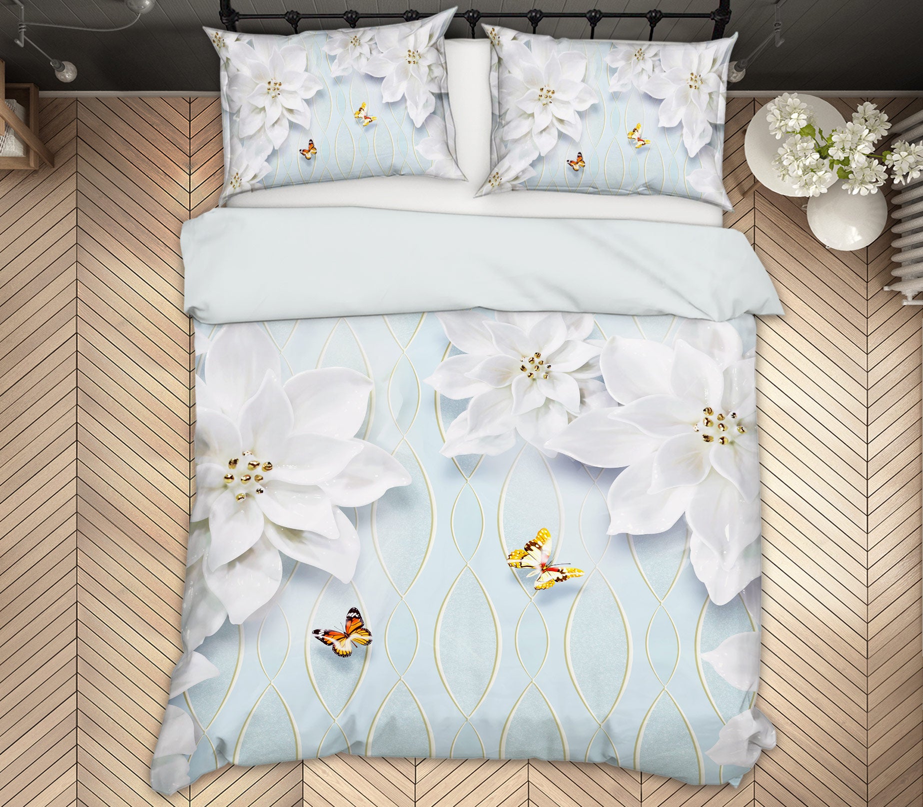 3D White Flowers Butterfly 13058 Bed Pillowcases Quilt