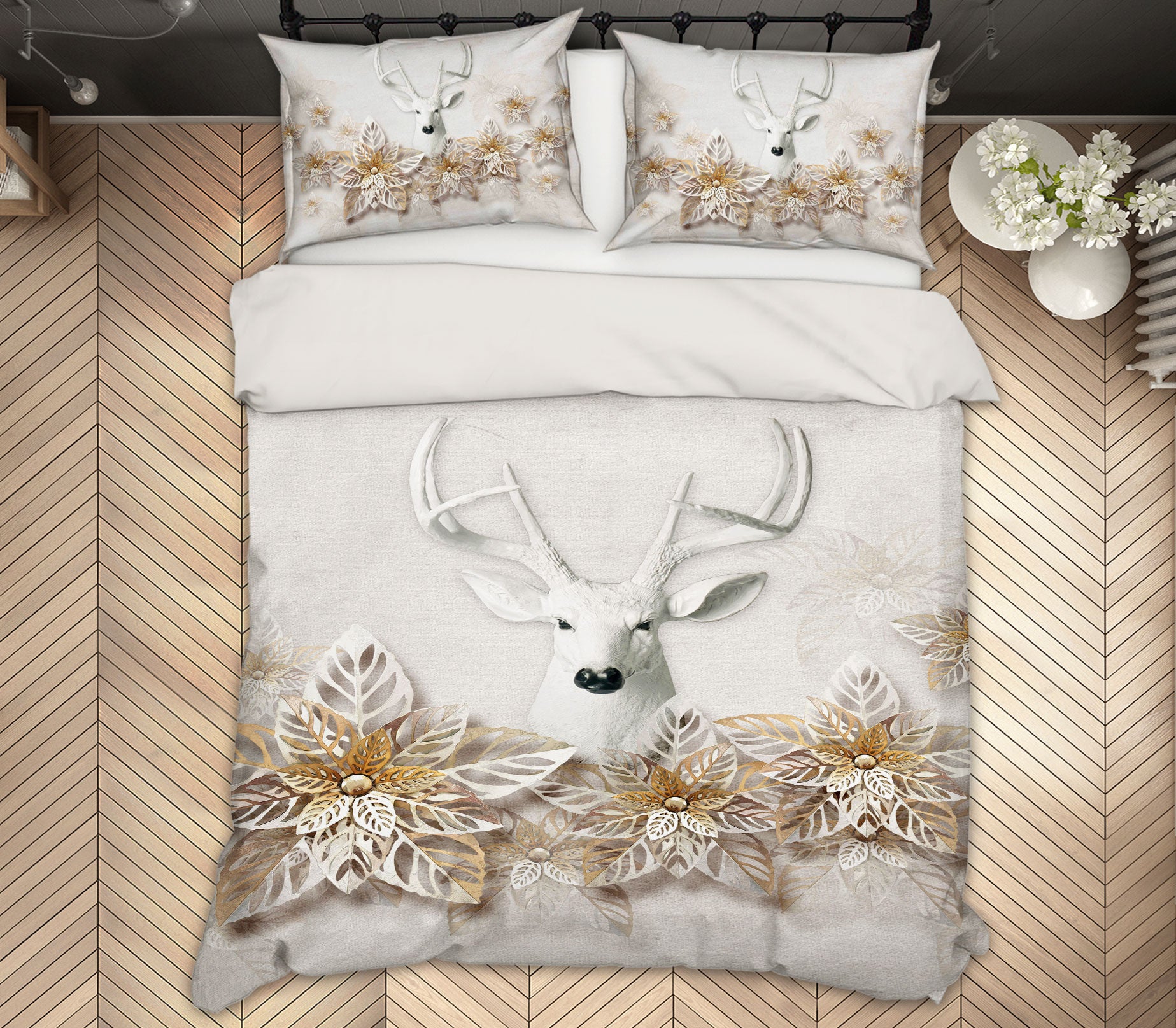 3D White Deer Flowers 13015 Bed Pillowcases Quilt