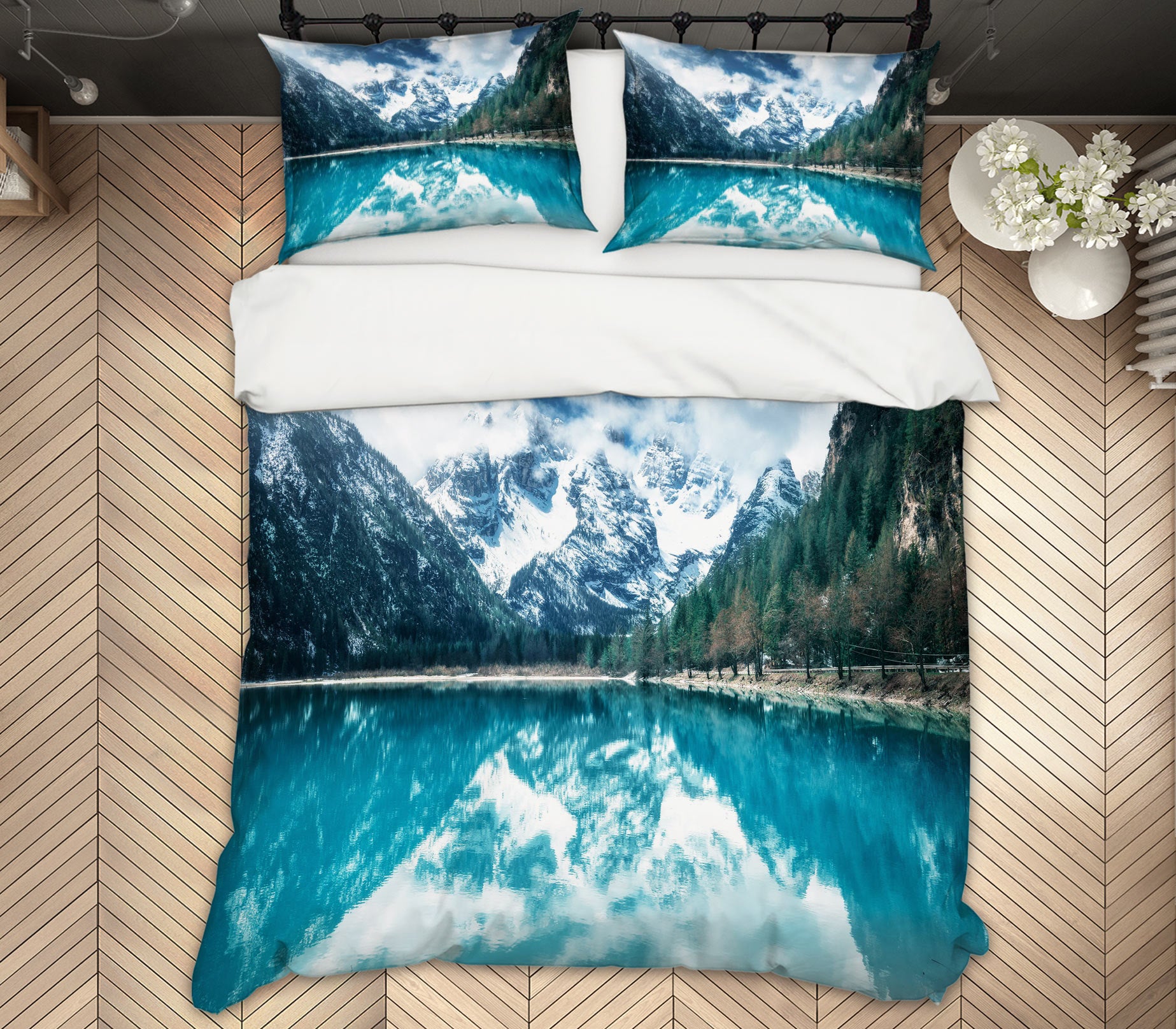 3D Snow Mountain Lake 59130 Bed Pillowcases Quilt